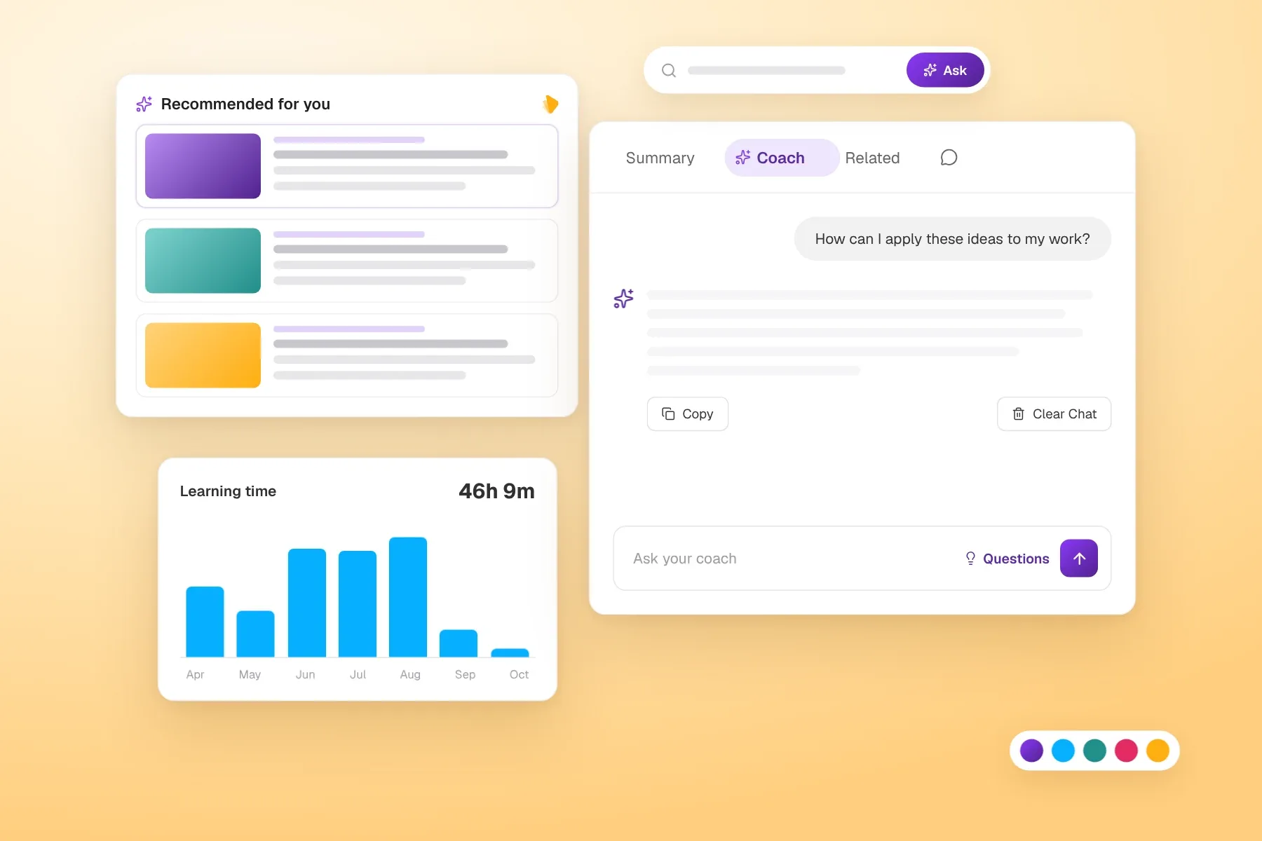 Learninghubz — recommendations, learning time chart and the AI Coach panel