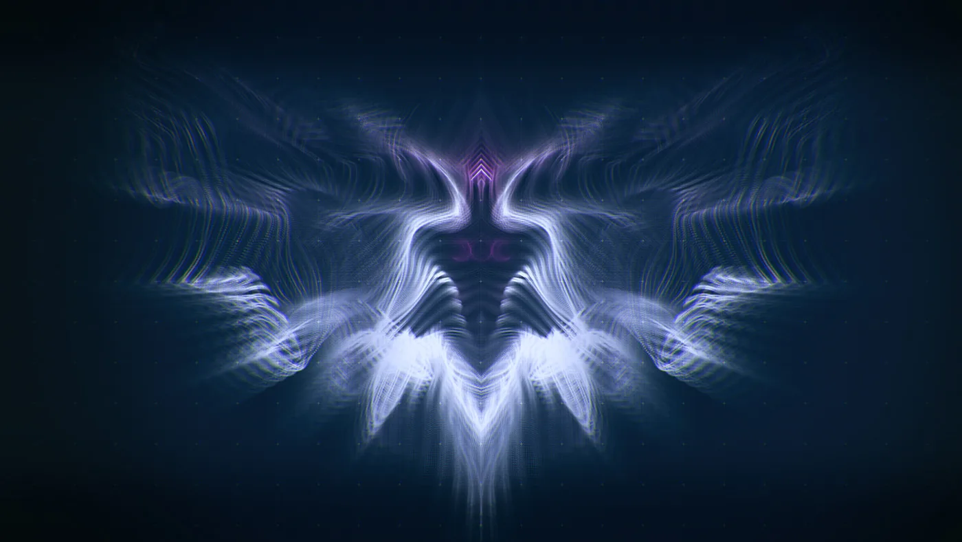 Synkro — symmetrical pale blue and lilac wing-like light form on a dark blue background