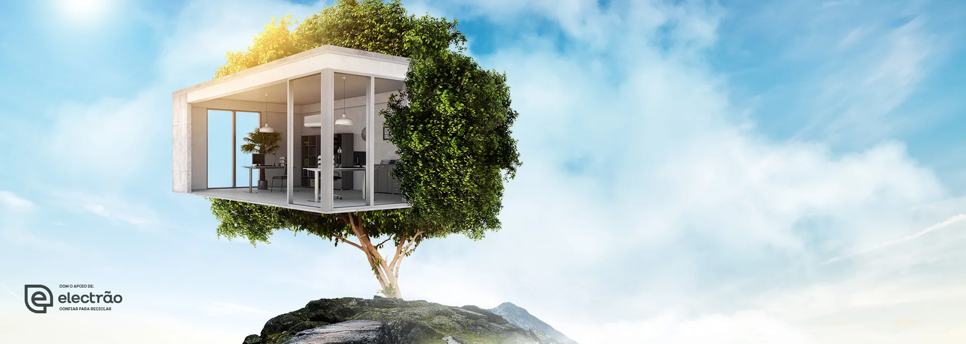 Reciclar vale mais — Electrão campaign visual of a glass house built into a tree on a rock