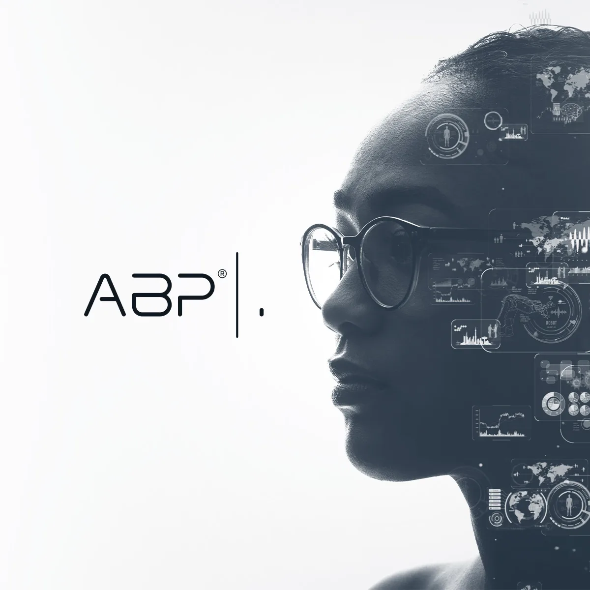 ABP — brand visual with ABP logotype beside a woman's profile filled with data graphics