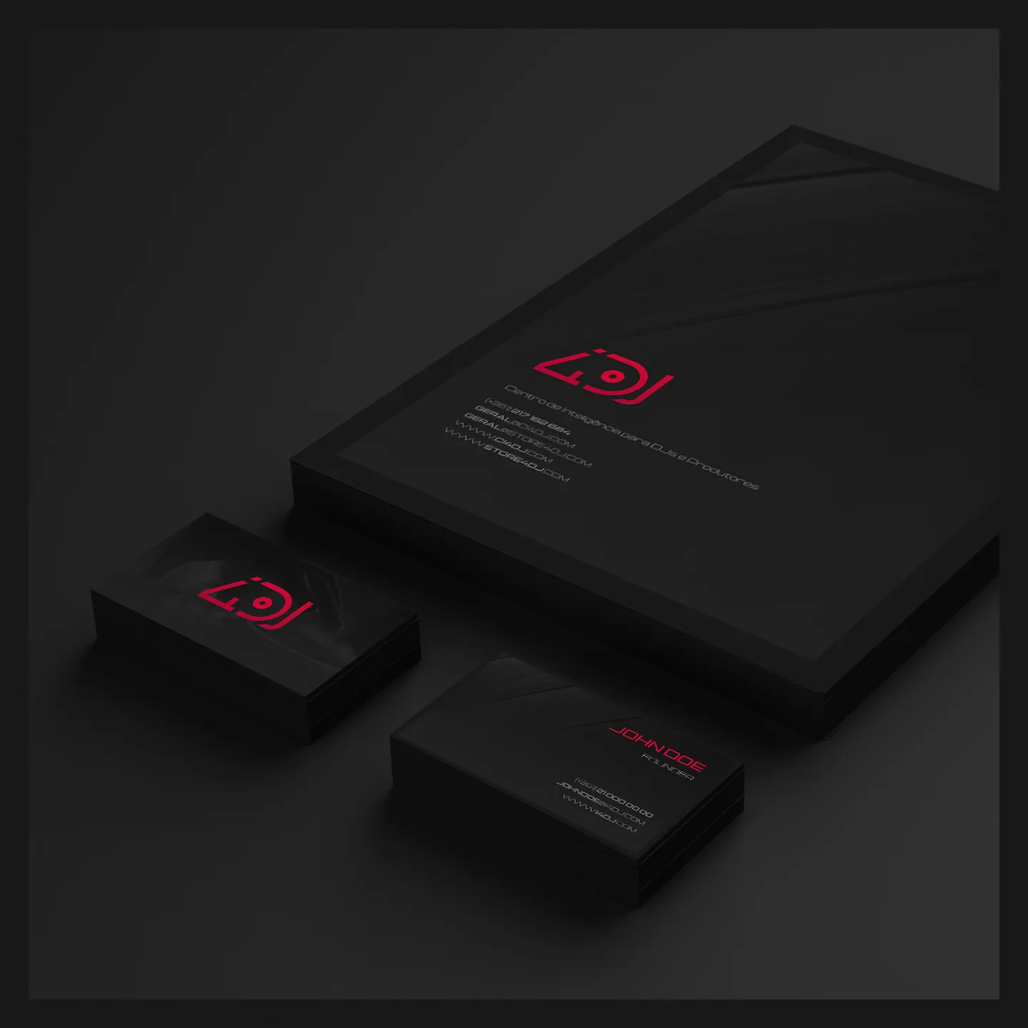 i4DJ — dark stationery mockup with red logo on folder and business cards
