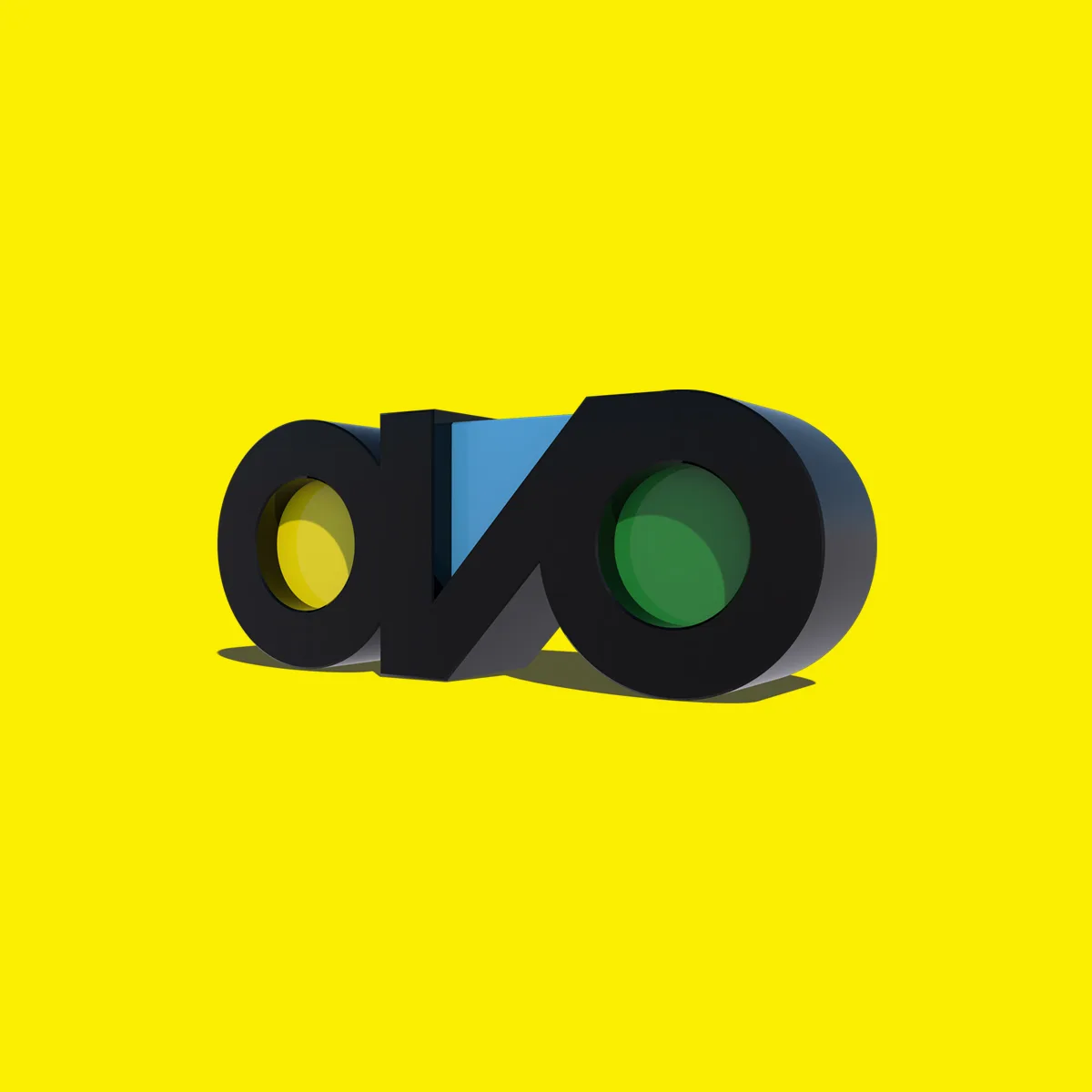 Ovo Solutions — 3D Ovo logo with coloured lens-like letters on bright yellow