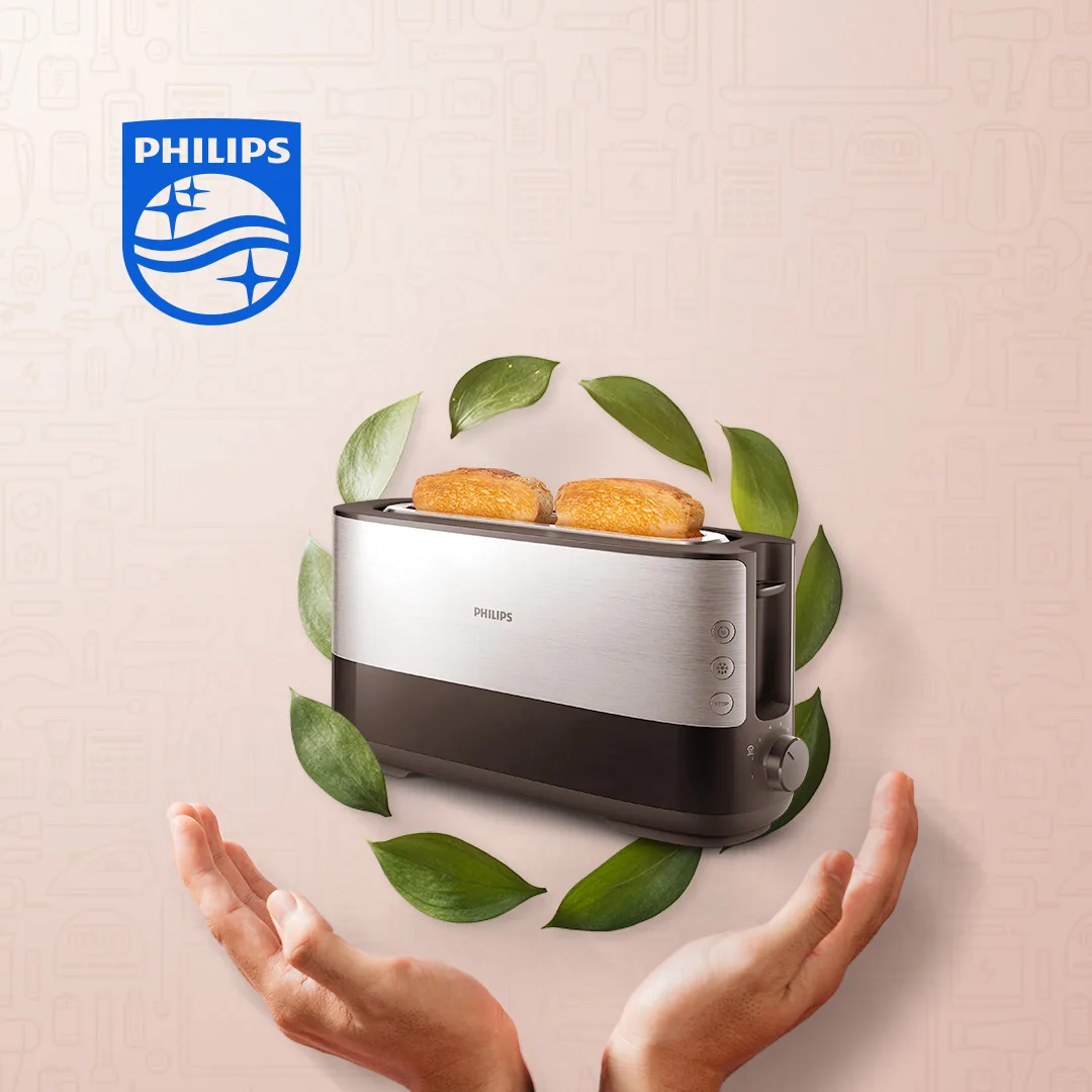 Philips — social post of a Philips toaster framed by leaves and cupped hands