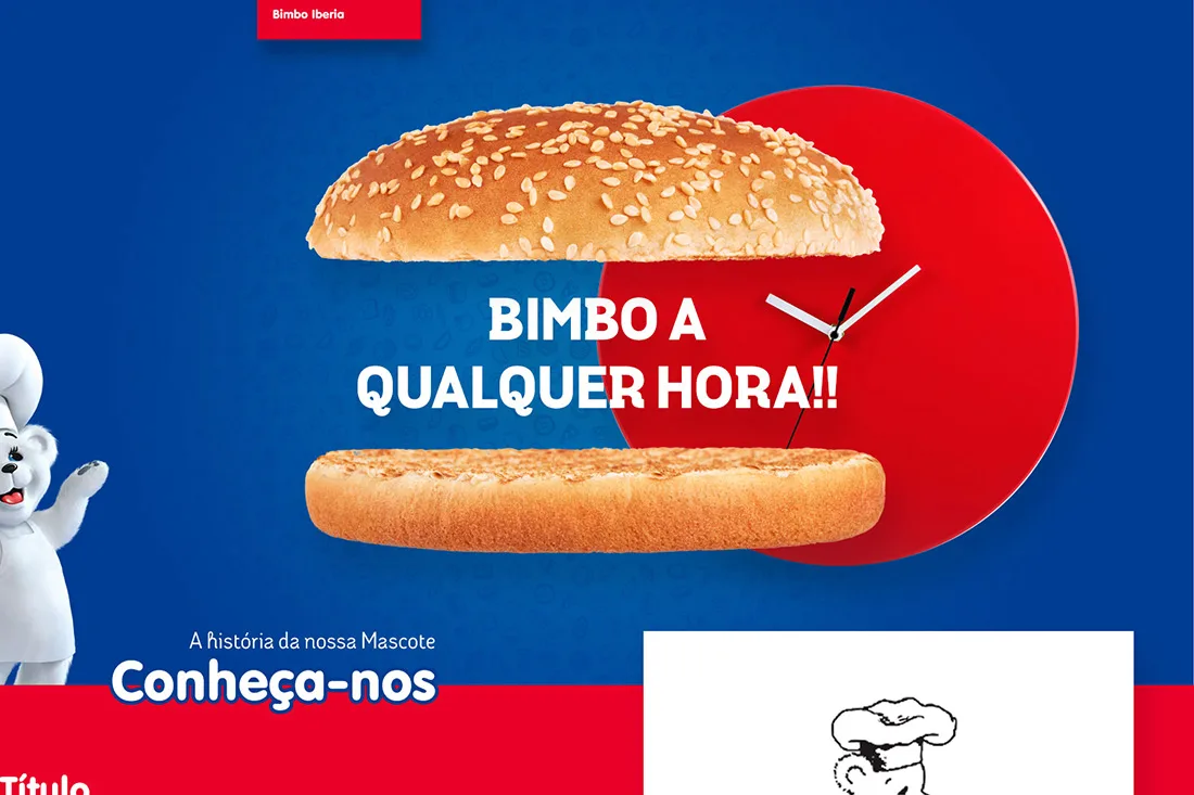 Bimbo — website hero with burger bun, clock and headline Bimbo a qualquer hora, mascot at side