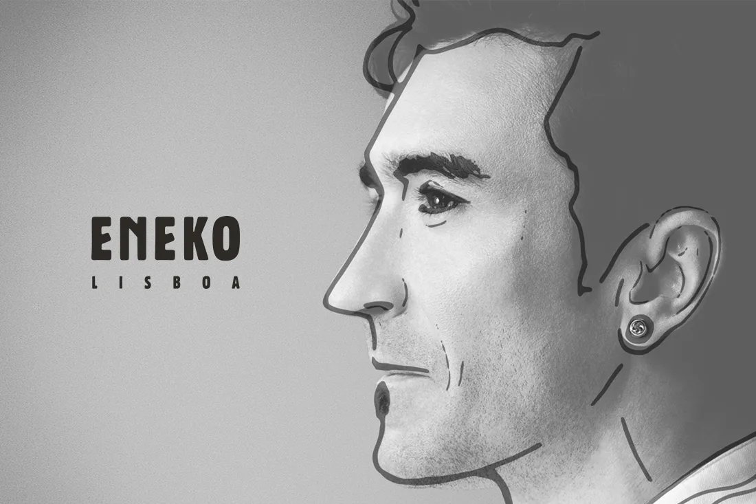Eneko website — hero with sketched profile portrait and Eneko Lisboa logo