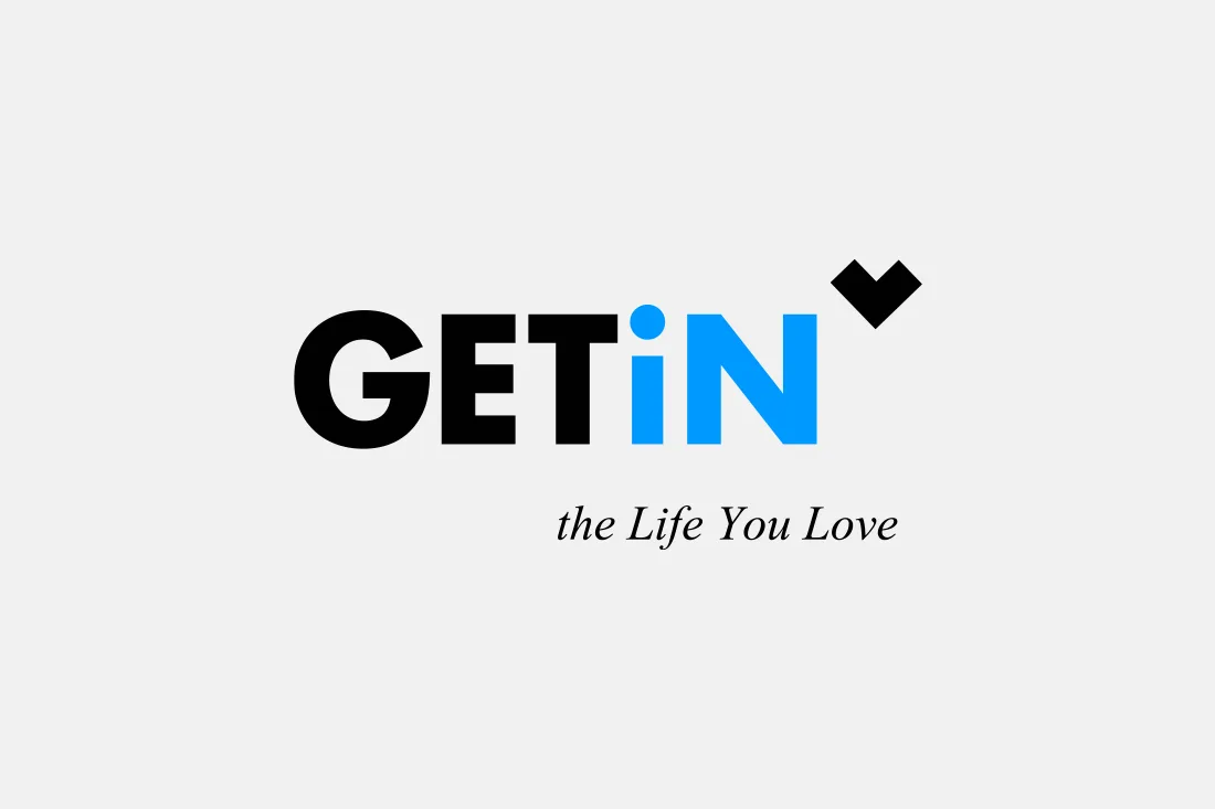 GETiN — logo with heart mark and tagline the Life You Love on light grey