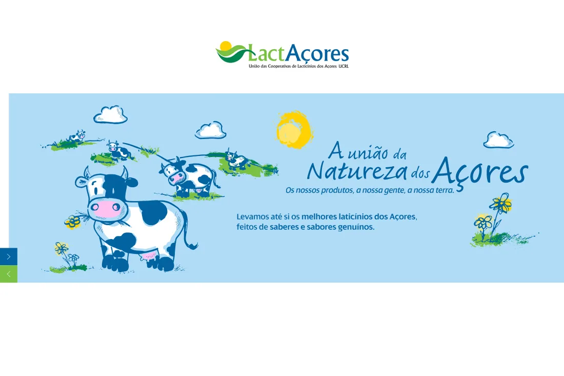 Lactaçores — website banner with illustrated cows and headline A união da Natureza dos Açores