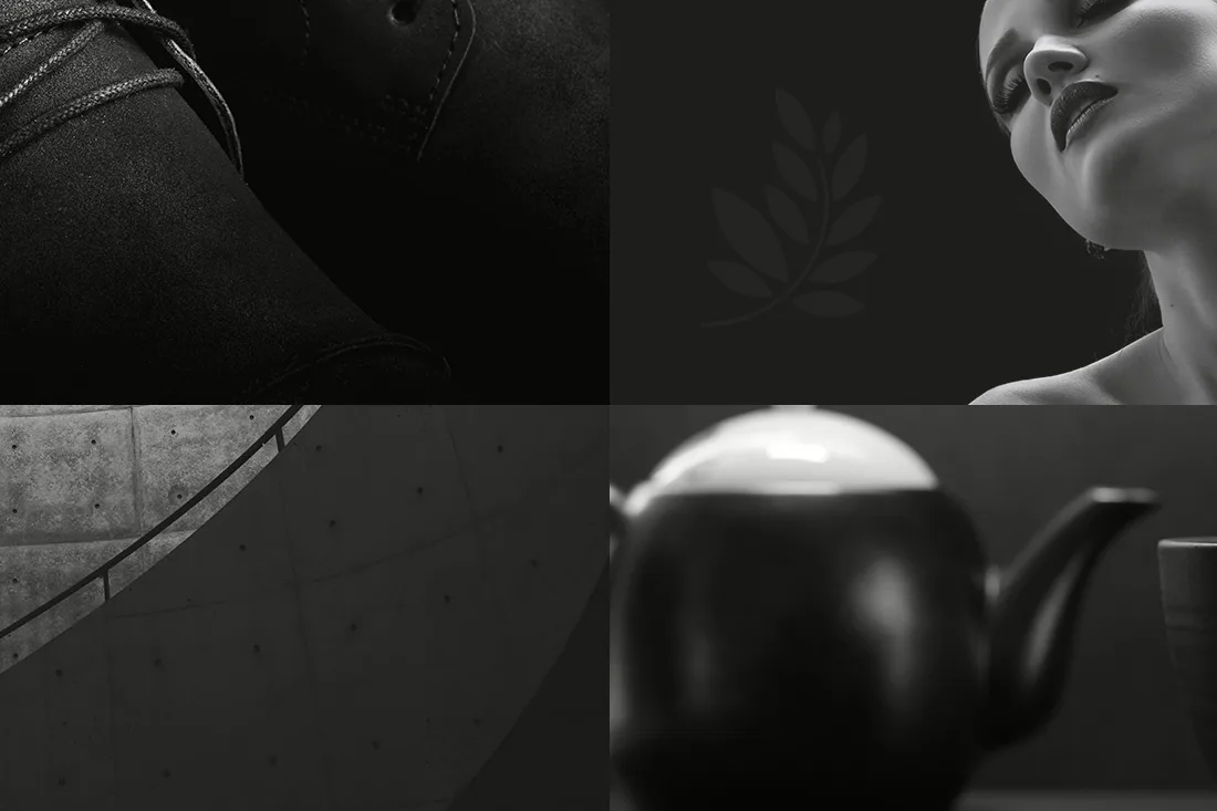Laurel — black-and-white photo grid with a leather shoe, laurel emblem, woman's face and teapot
