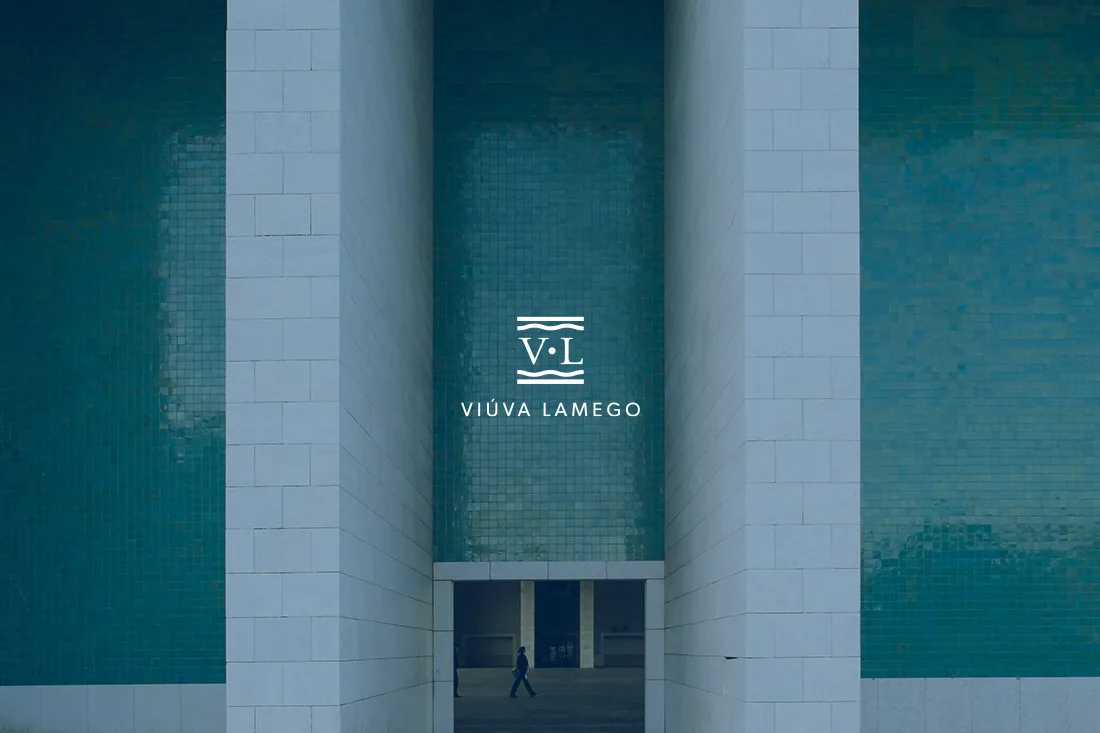 Viúva Lamego website — hero with Viúva Lamego logo on a teal tiled facade with white columns