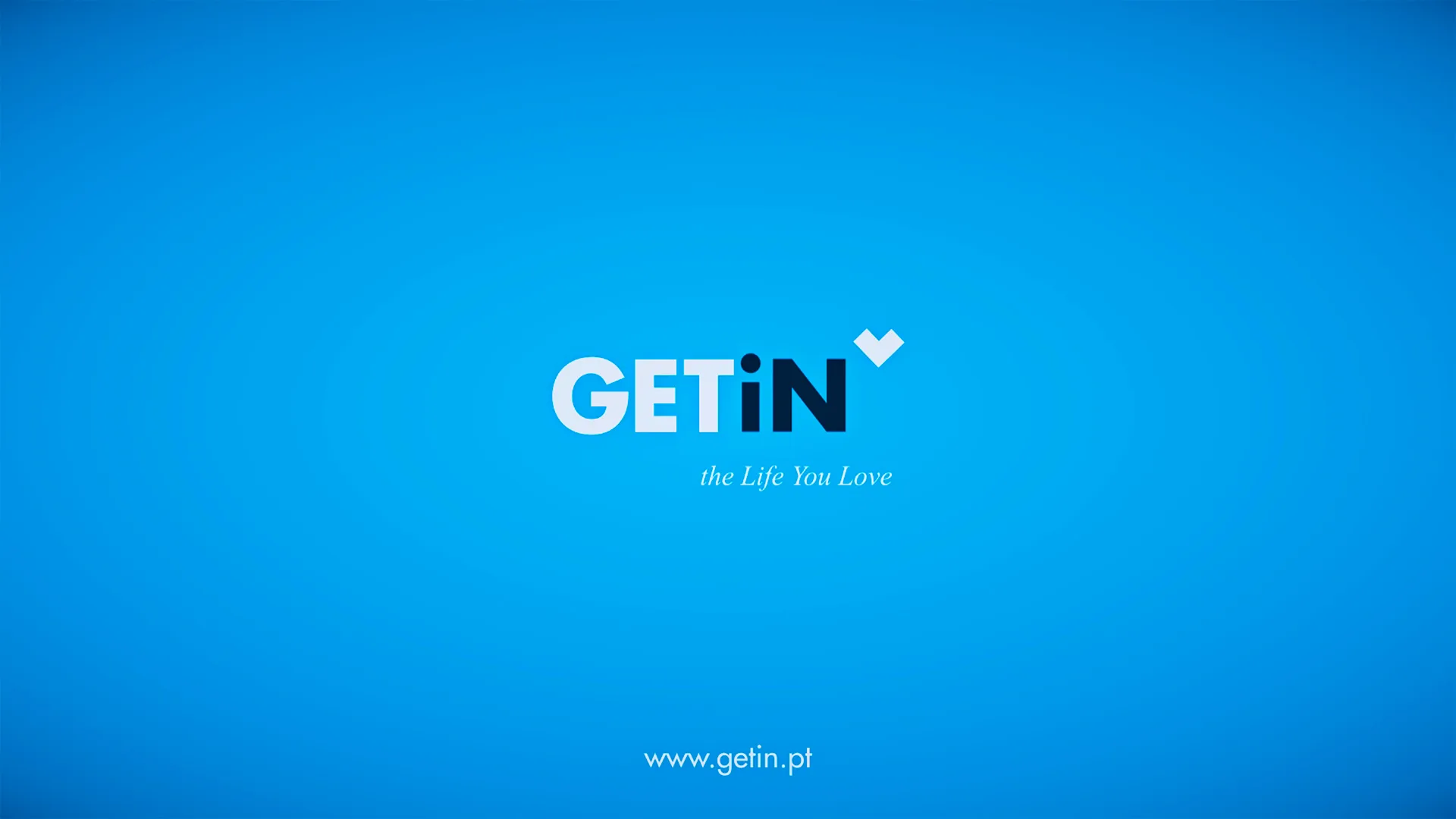 GETiN — video end card with white logo and tagline on bright blue