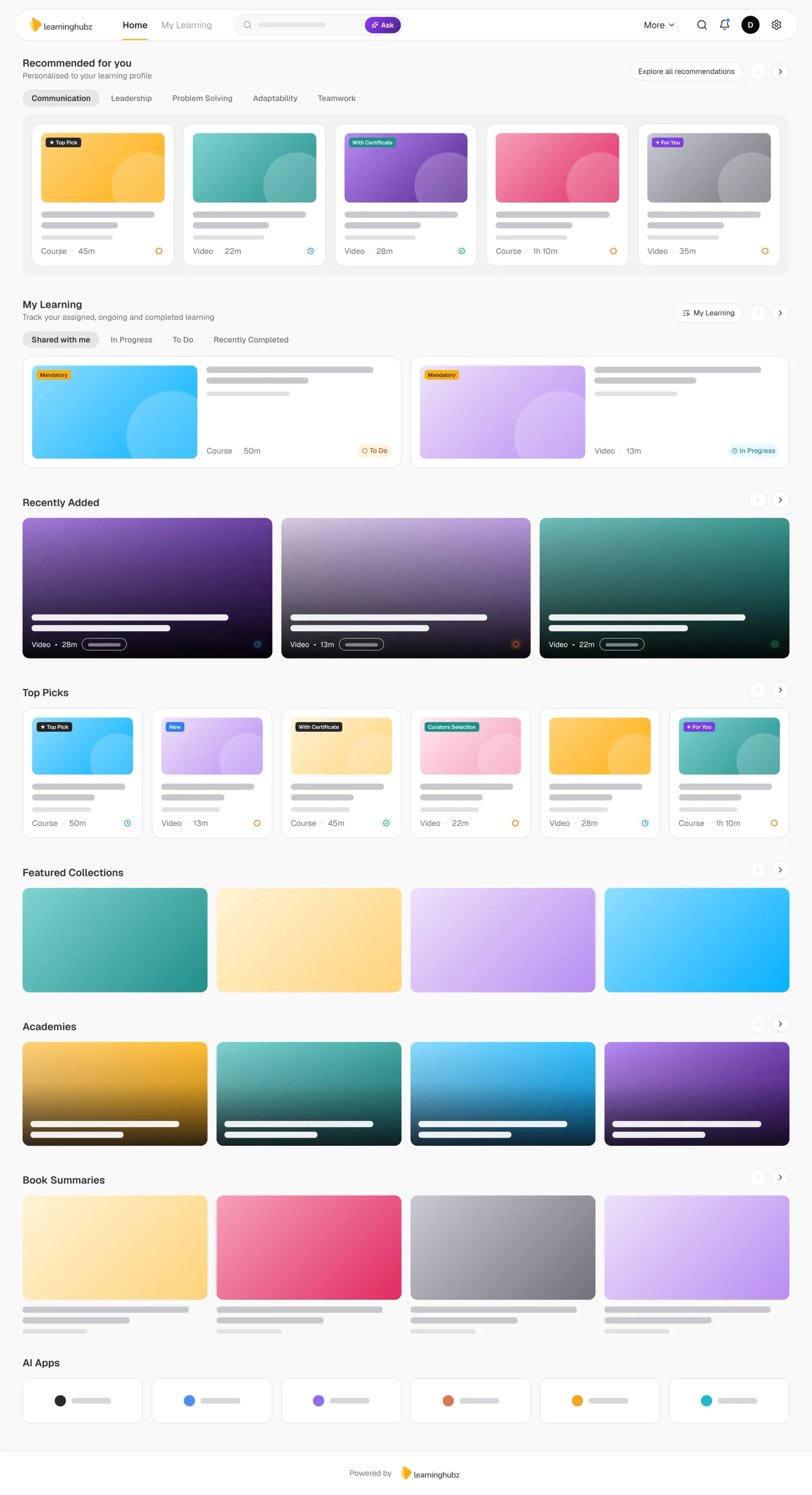 Learninghubz — homepage: AI search, recommendations, my learning, collections, academies and book summaries
