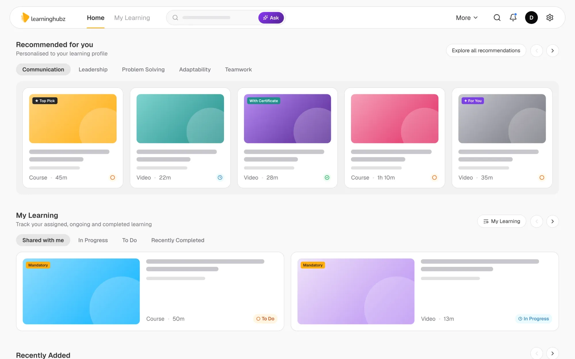 Learninghubz — homepage on desktop: AI search, recommendations and My Learning