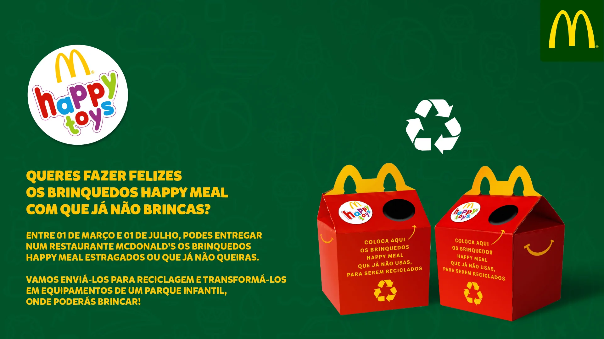 McToys — McDonald's Happy Toys recycling ad with red Happy Meal collection boxes on green