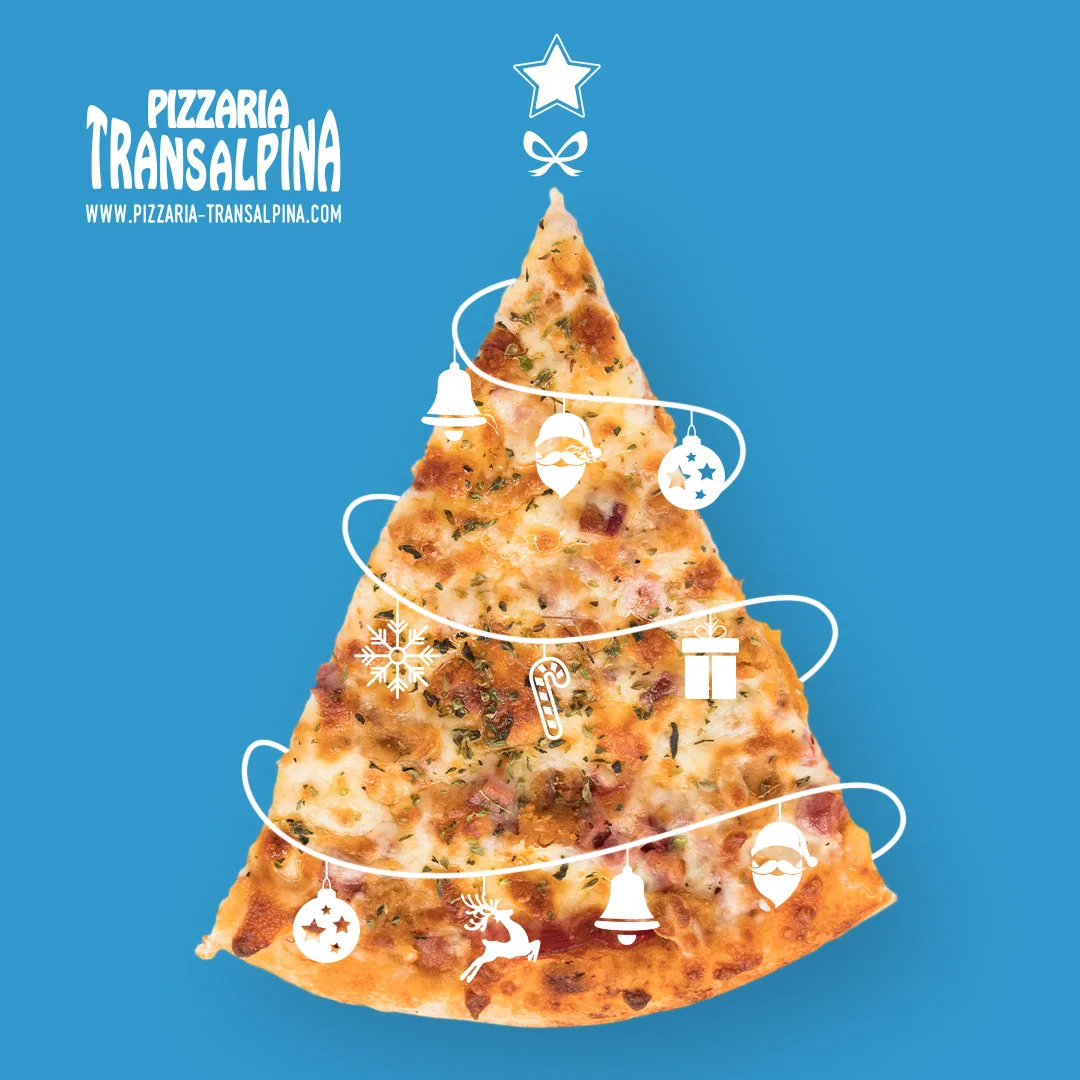 Pizzaria Transalpina — Christmas social post of a pizza slice decorated as a Christmas tree