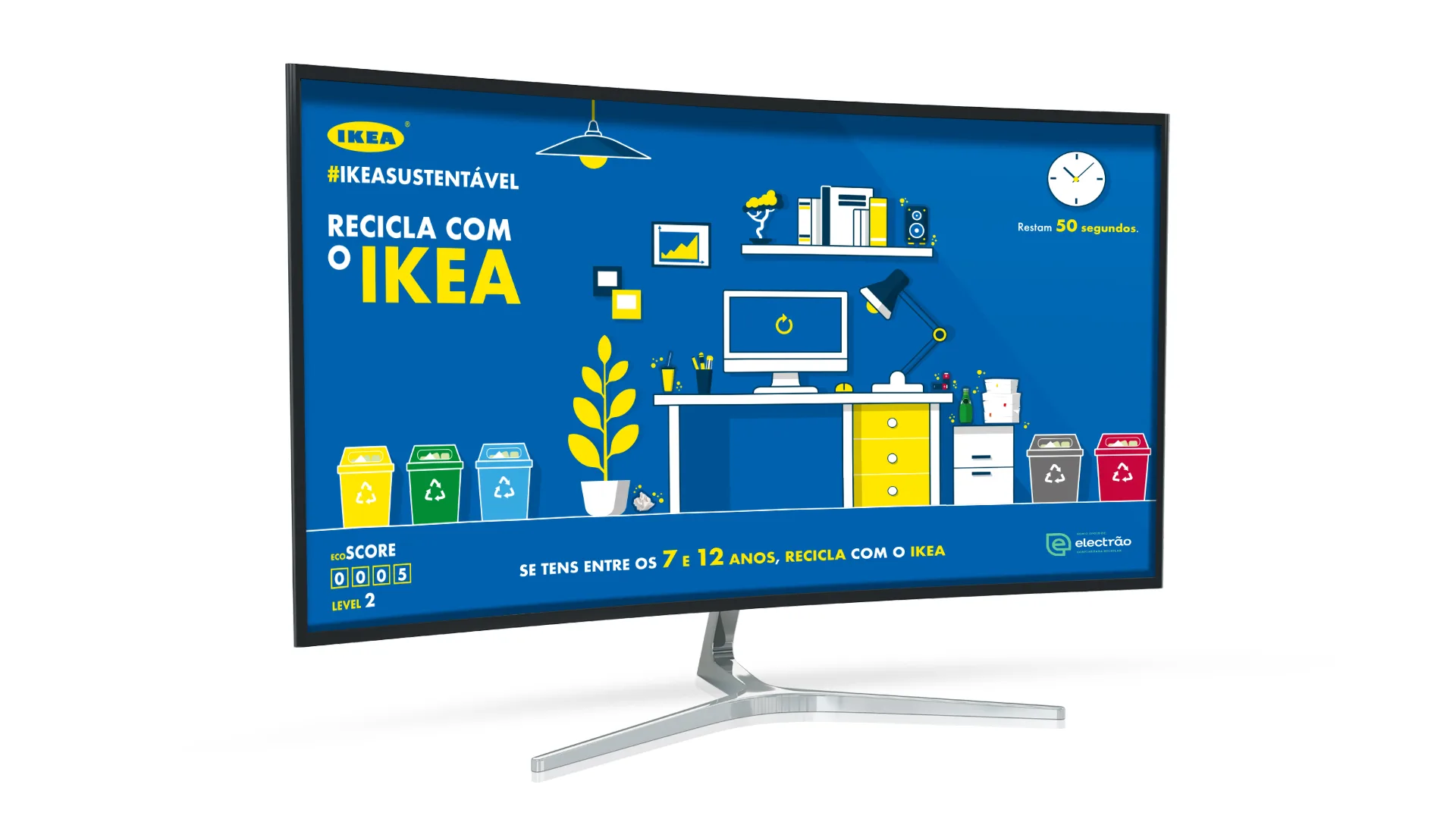 IKEA — recycling game screen Recicla com o IKEA on a monitor, with colour-coded bins in a room