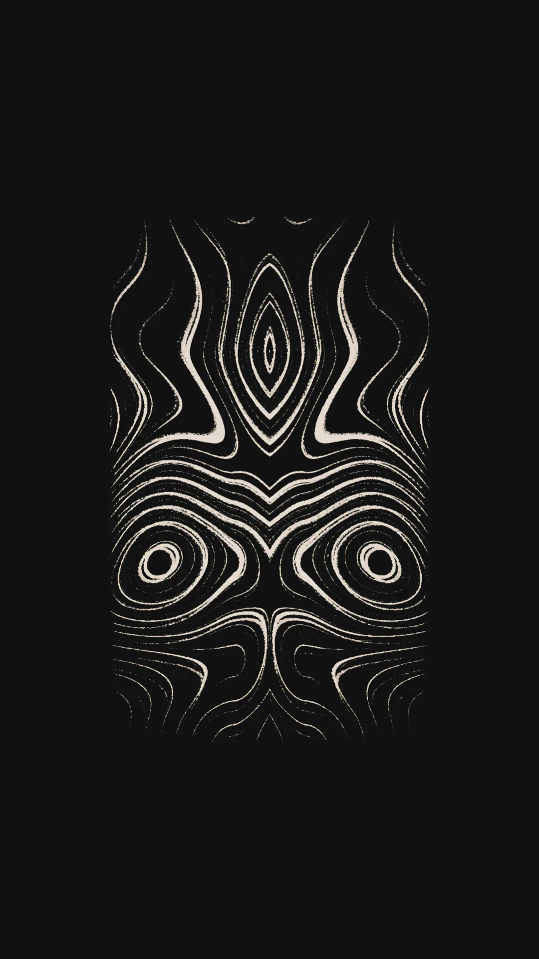 asase — symmetrical white contour lines with eye-like swirls on a dark background