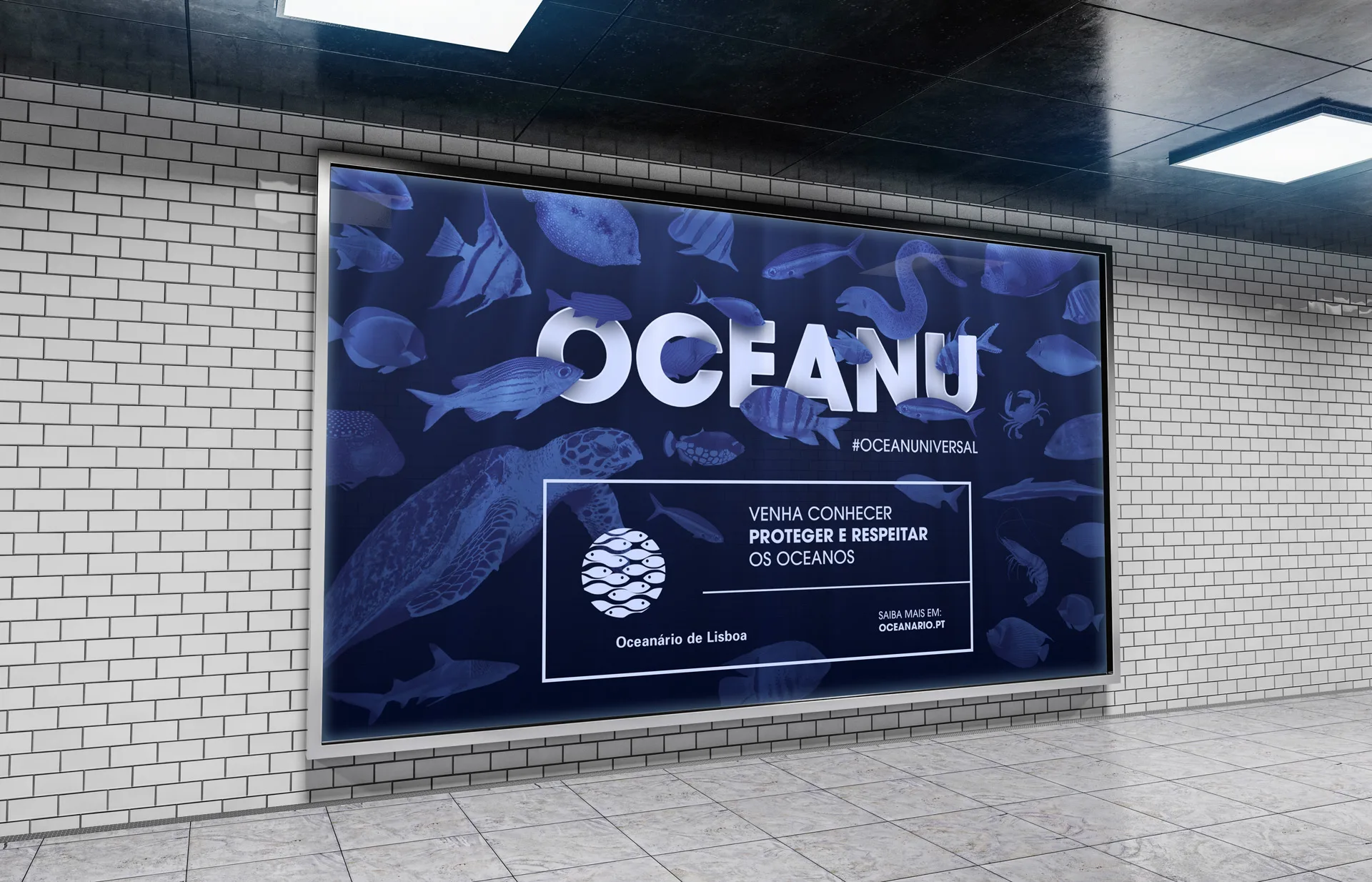 Oceanário de Lisboa – Oceanu — poster with blue sea-life silhouettes mocked up on a subway station wall