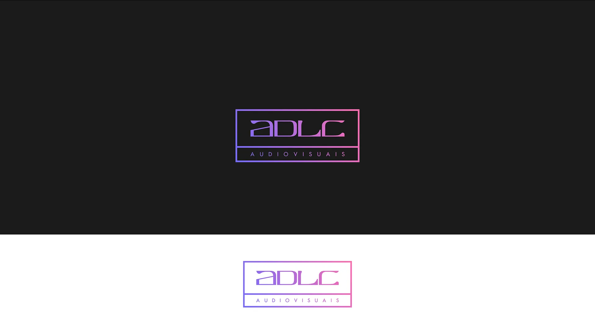 ADLC – Audiovisuais — ADLC Audiovisuais logo in purple gradient on dark and white backgrounds