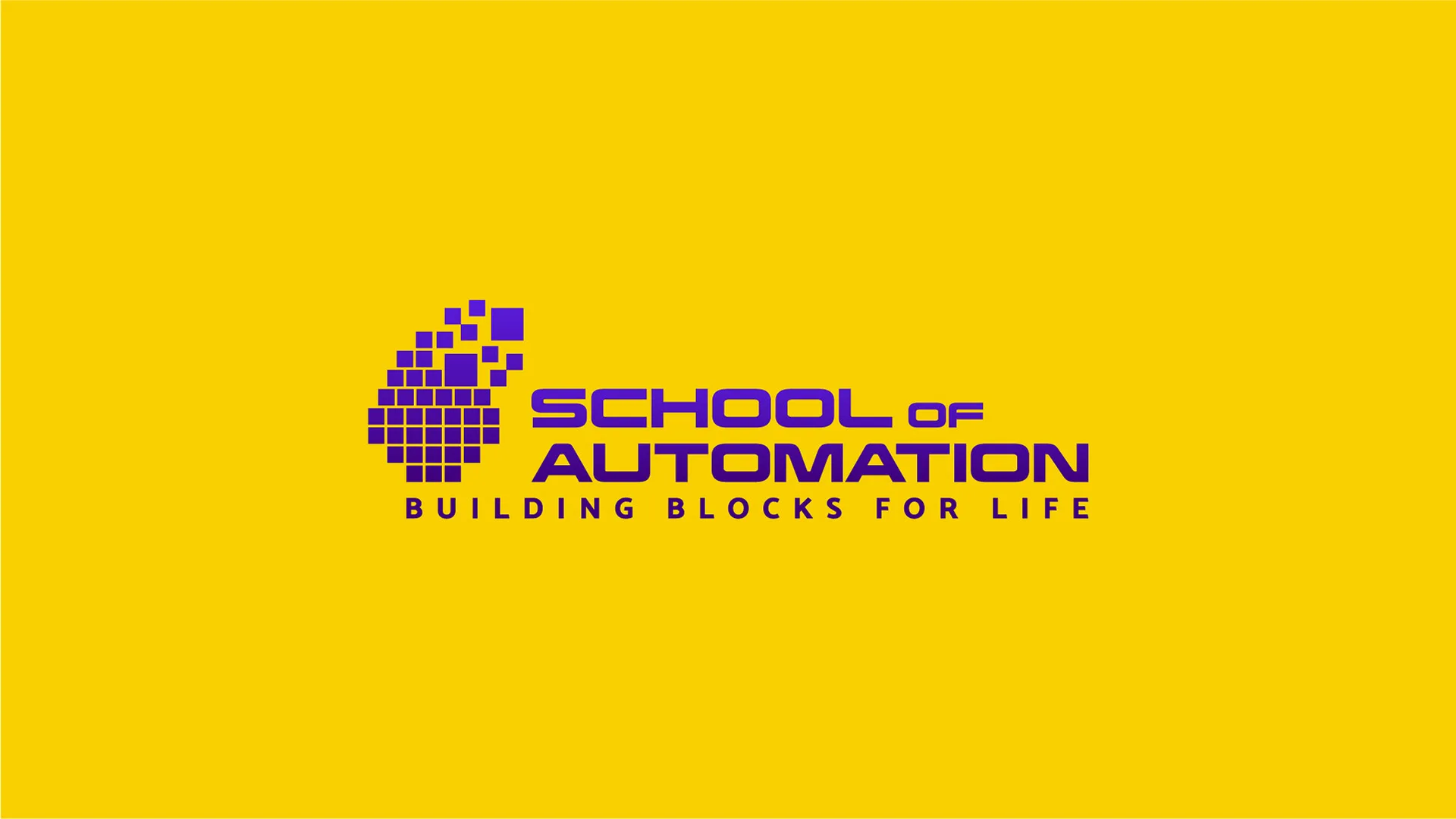 SOA – School of Automation — purple School of Automation logo with Building Blocks for Life tagline on yellow