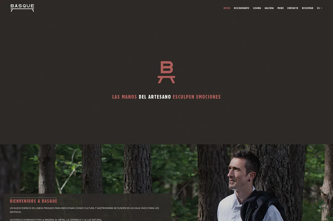 Basque website — Bienvenidos a Basque section with chef portrait in a forest