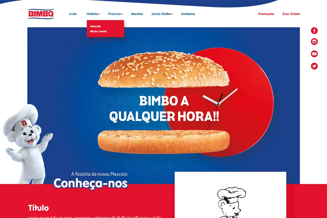 Bimbo website — homepage hero with burger, clock graphic and 'Bimbo a qualquer hora!!' headline