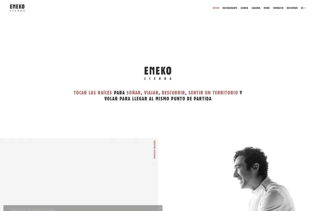 Eneko — restaurant website homepage with Eneko Lisboa logo, tagline and smiling chef portrait