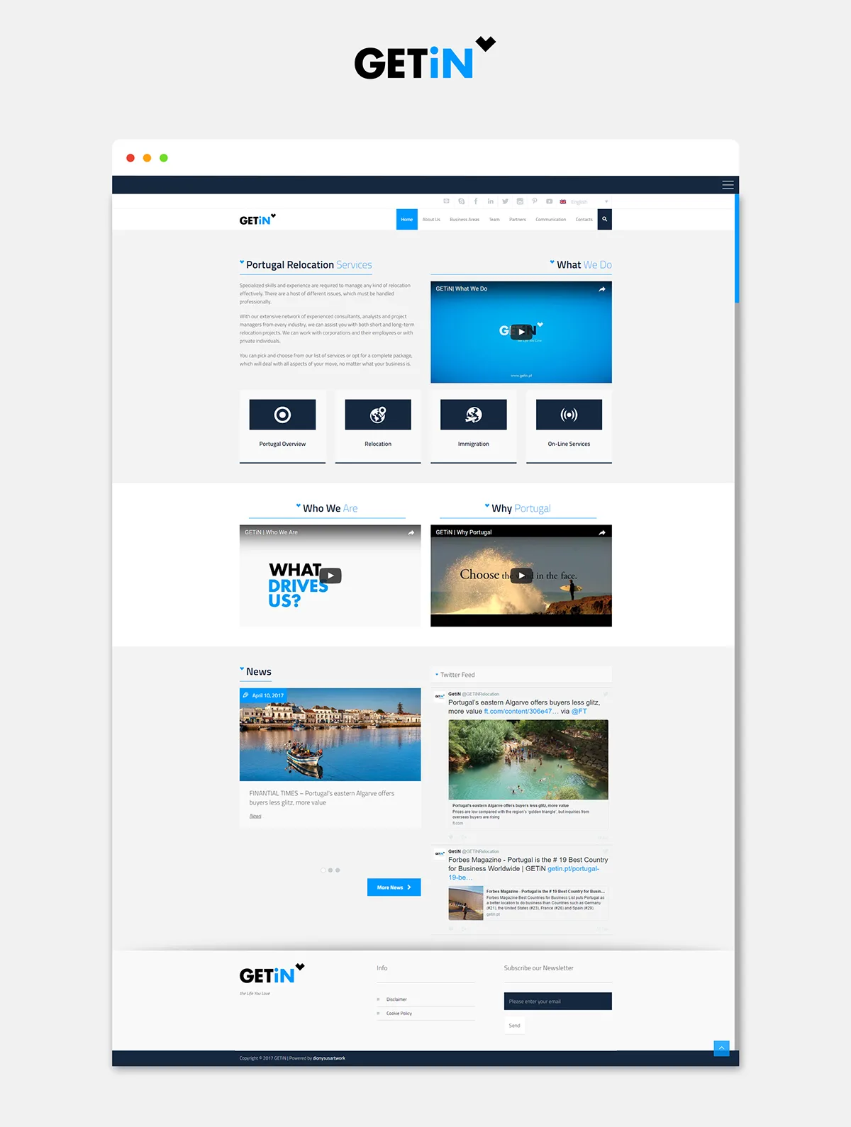 GETiN website — full homepage with relocation intro, video blocks and news