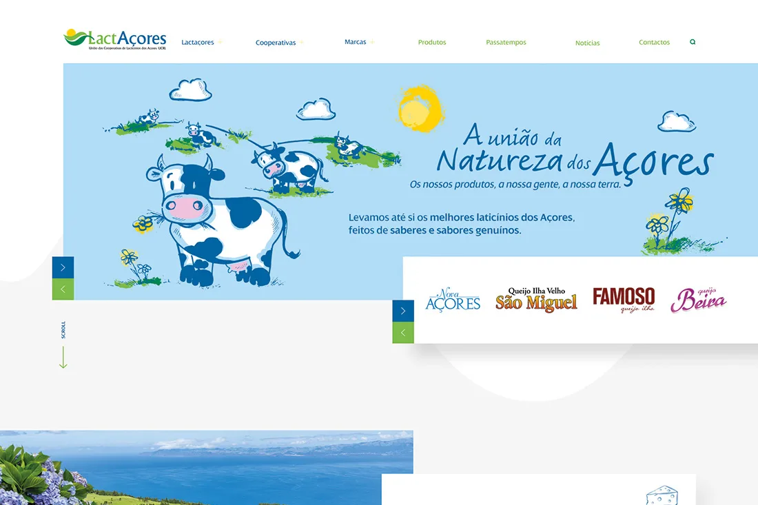 Lactaçores website — homepage hero with illustrated cows and 'A união da Natureza dos Açores' headline
