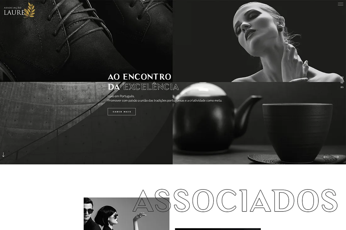 Laurel website — homepage with black-and-white photo grid, Ao encontro da excelência and Associados sections