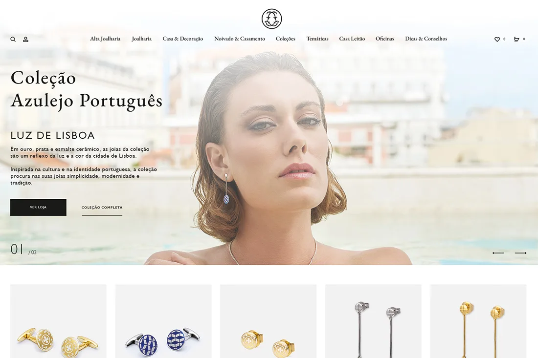 Leitão & Irmão — jewellery website homepage with Coleção Azulejo Português hero and product row