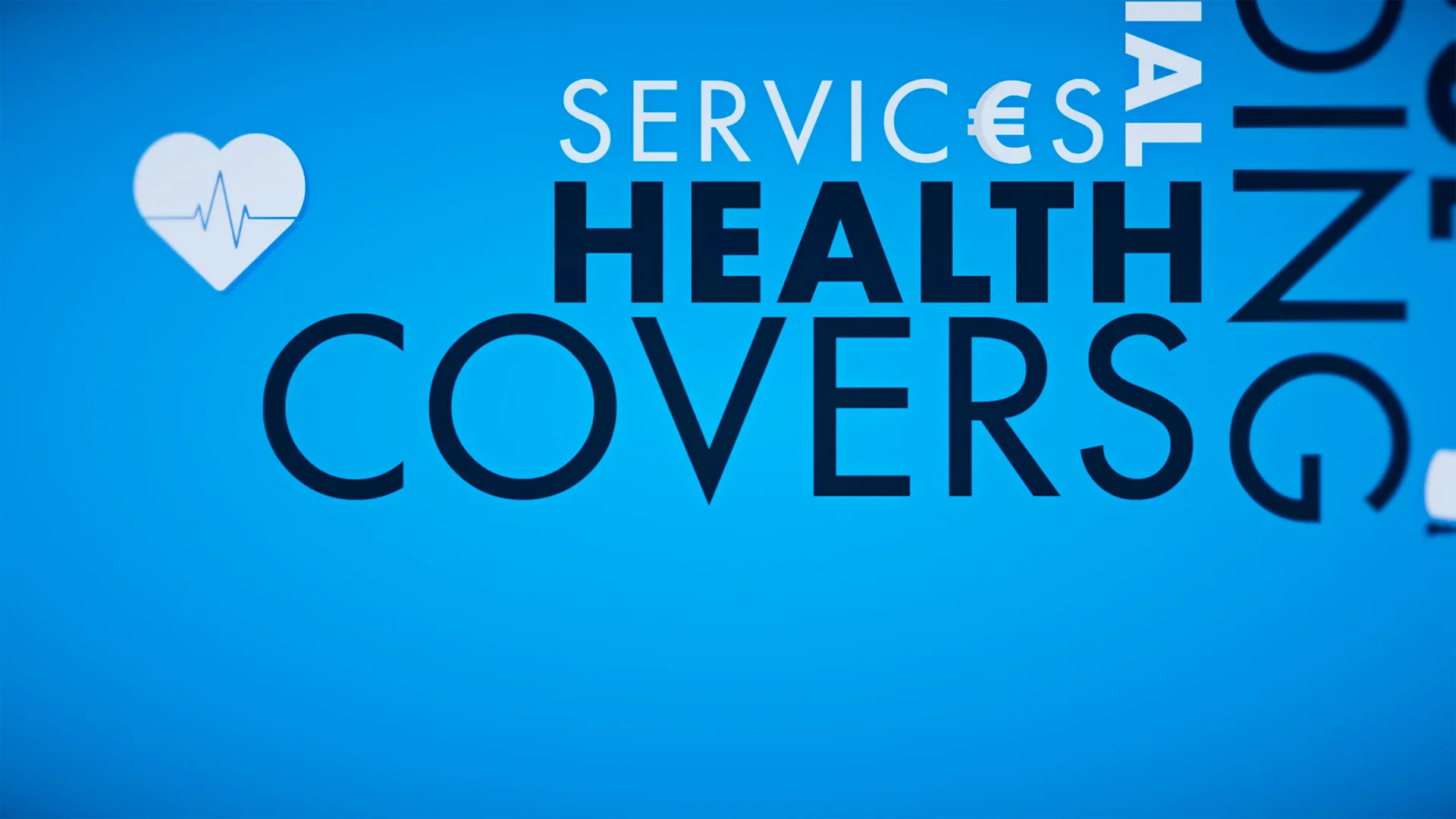 GETiN — kinetic typography still reading Services, Health Covers on blue