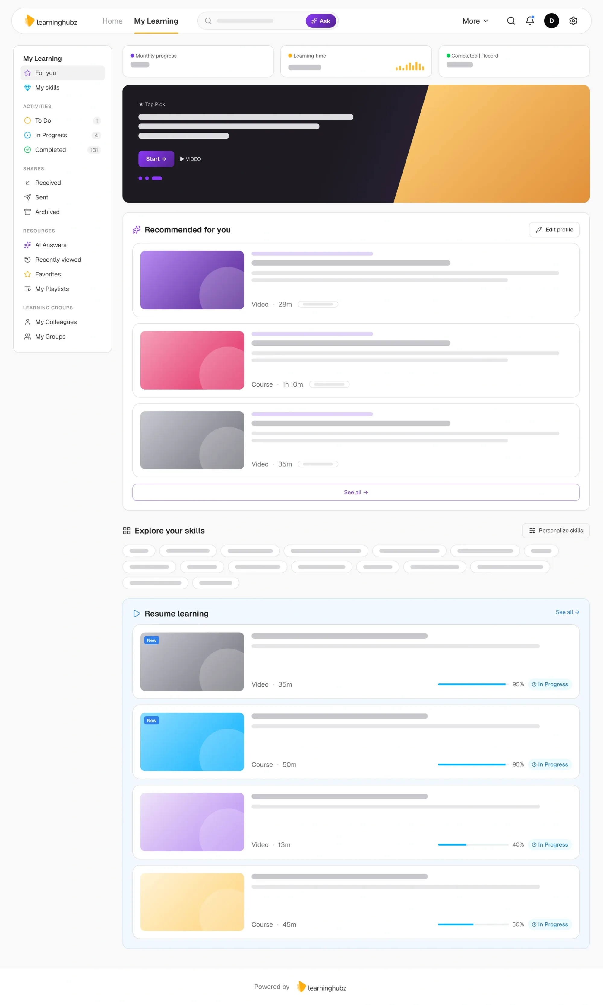 Learninghubz — My Learning: progress stats, top pick, profile-based recommendations, skills and resume learning