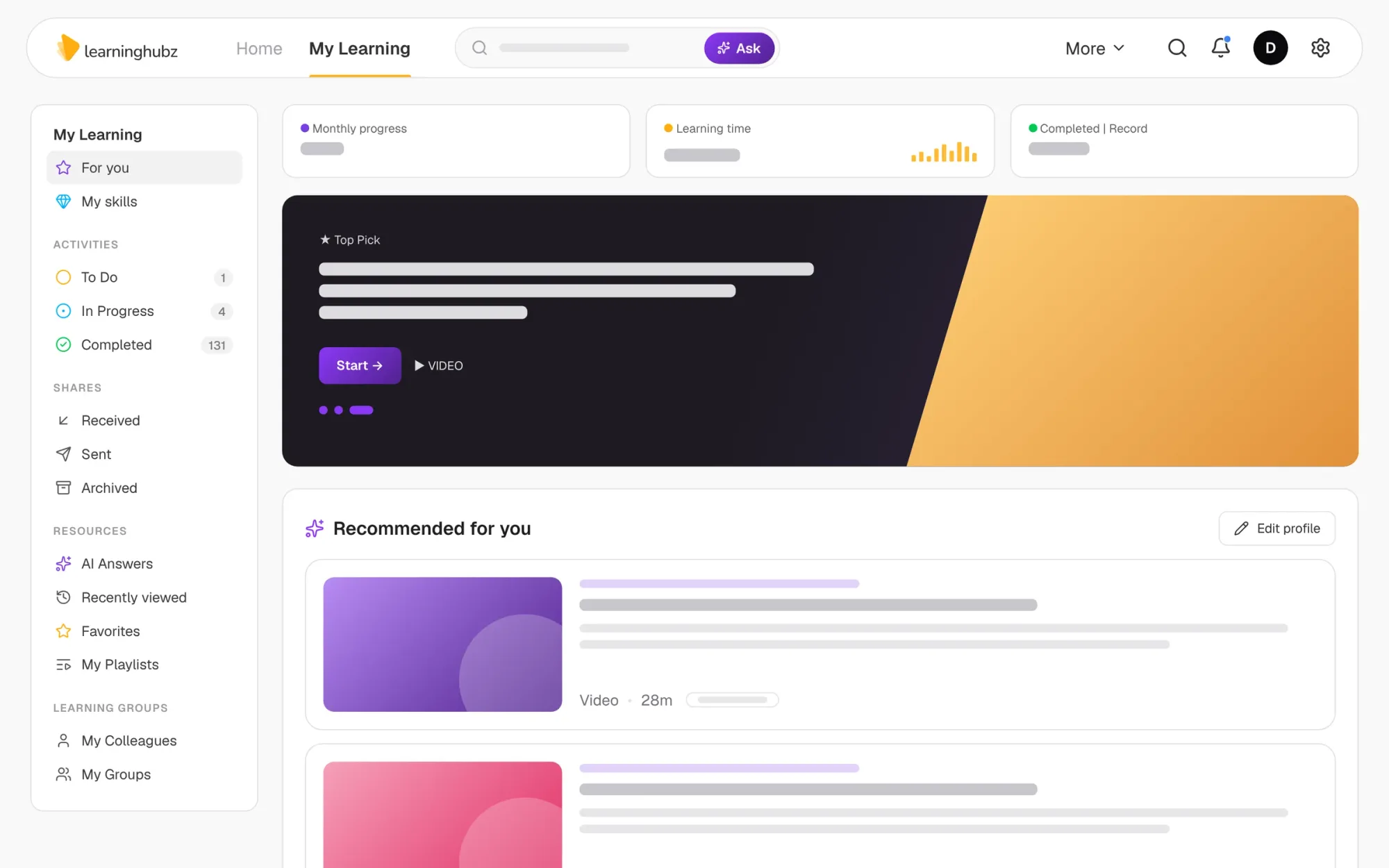 Learninghubz — My Learning on desktop: progress, top pick and recommendations