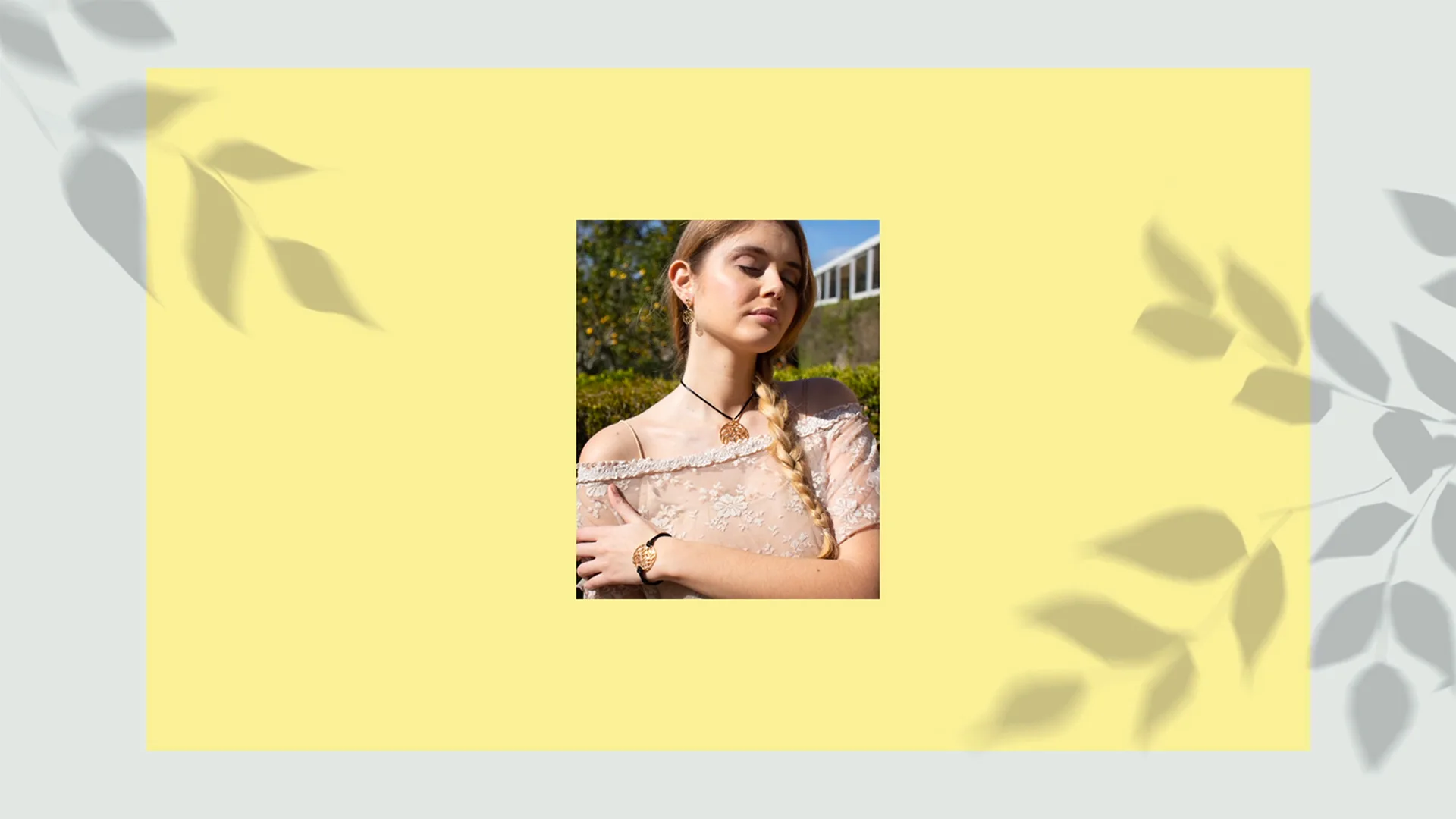 Hotel Seteais — animation still of a woman's portrait framed on yellow with leaf shadows