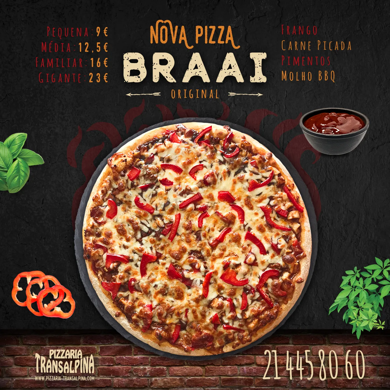 Pizzaria Transalpina — Nova Pizza Braai social post with prices, toppings list and phone number
