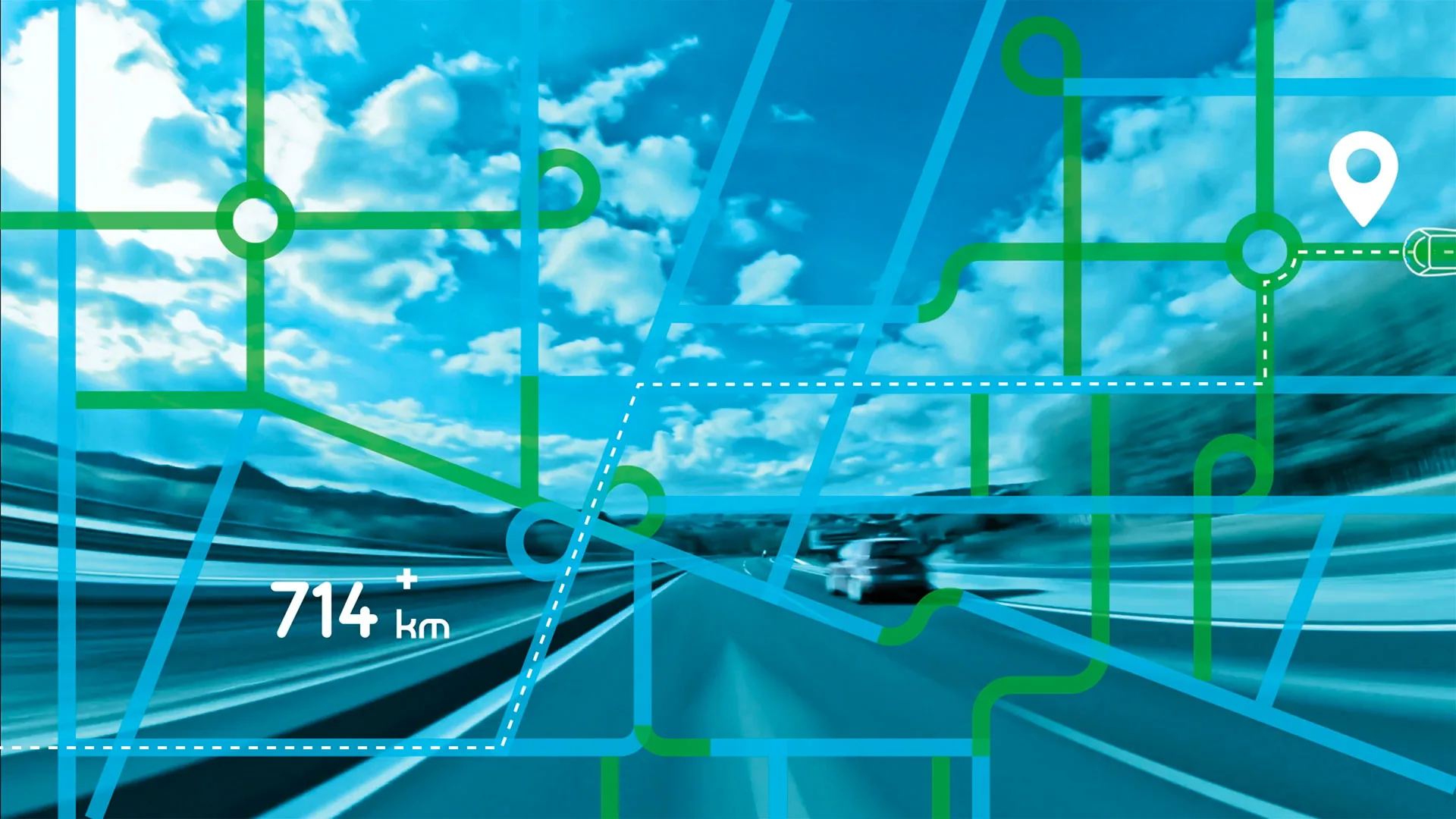Valorcar — motion graphic still of route lines over a road with a 714 km counter