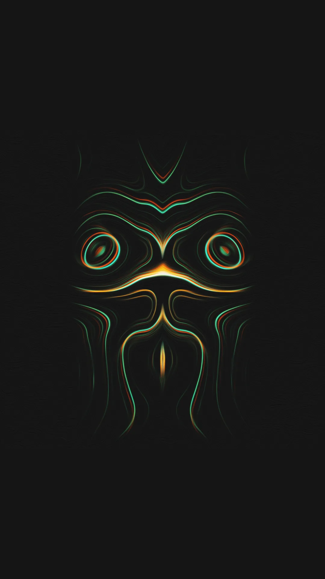 akan — small symmetrical owl-like pattern of orange and teal lines on a dark background