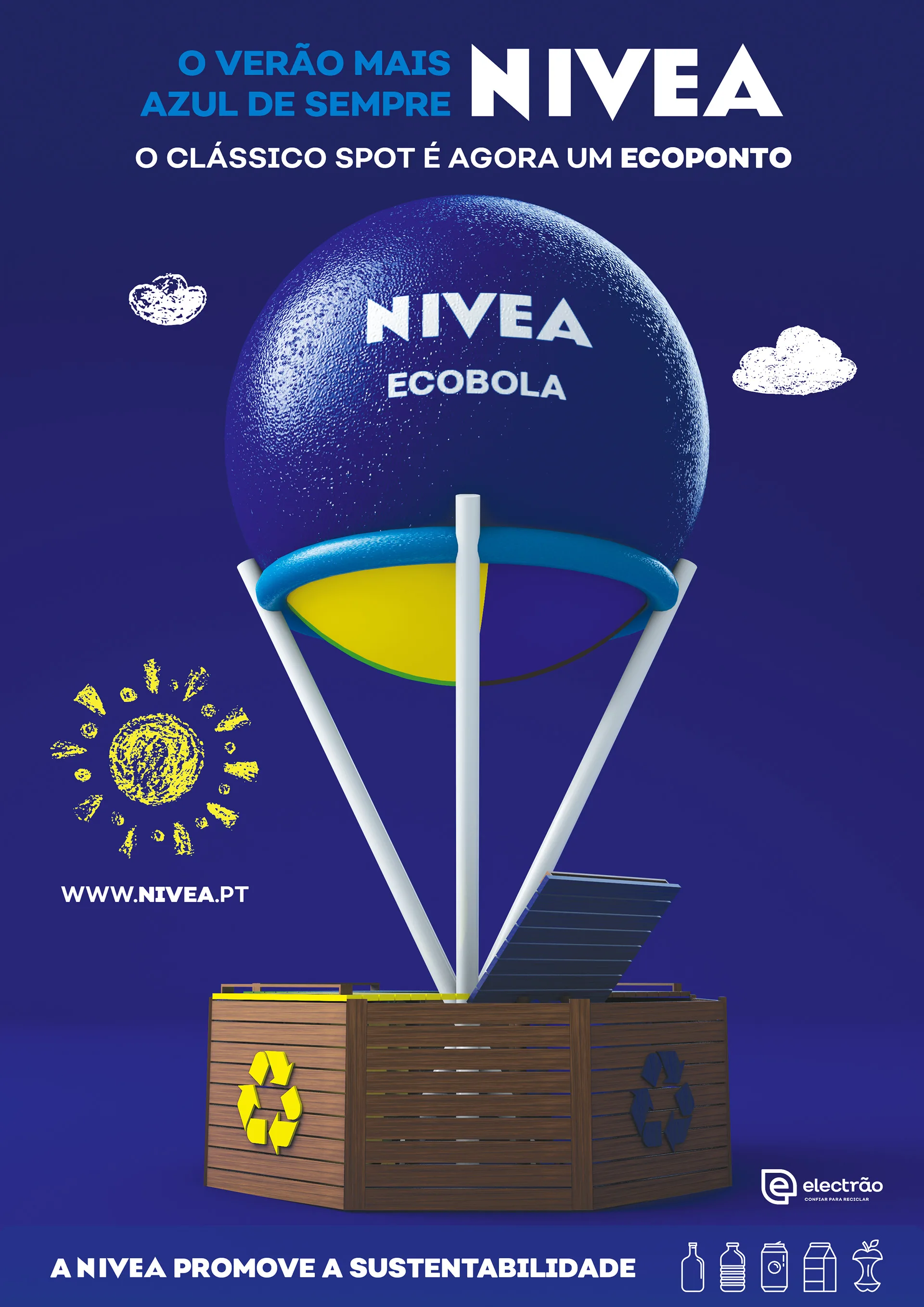EcoBola — poster "O verão mais azul de sempre" with the NIVEA Ecobola sphere on a recycling bin base