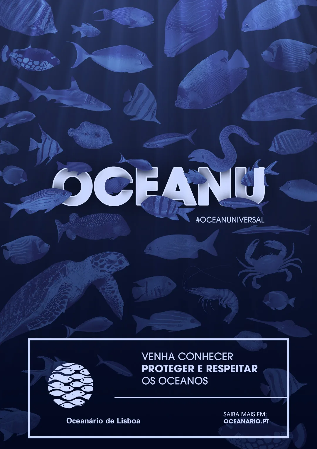 Oceanário de Lisboa – Oceanu — campaign poster with fish, turtle and crab silhouettes on deep blue