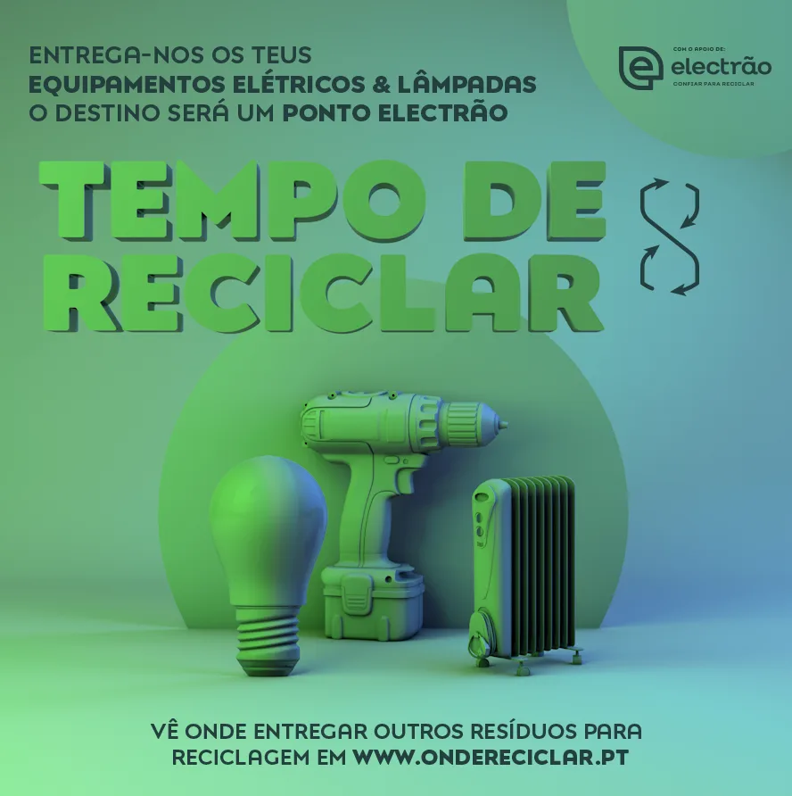 Tempo de Reciclar — green social post "Tempo de Reciclar" with 3D bulb, drill and heater for electrical recycling