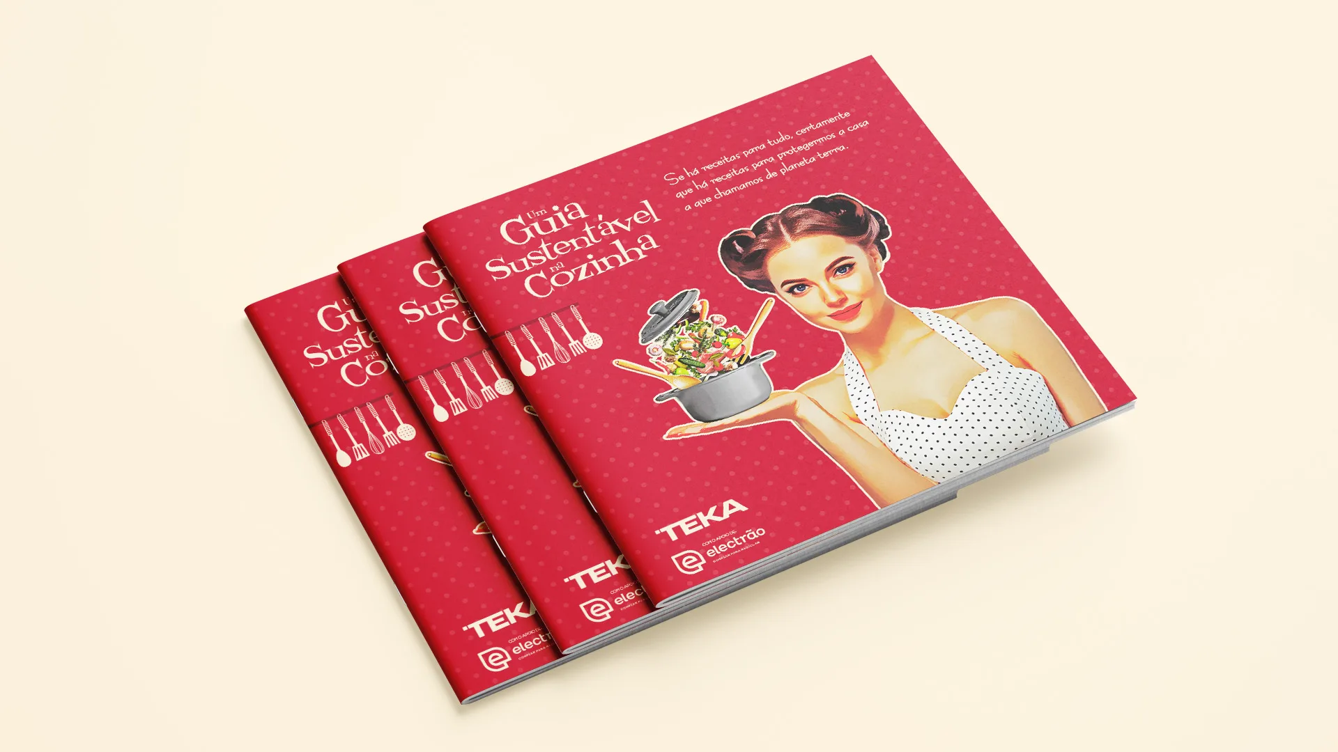 Um Guia Sustentável na Cozinha — stacked red Teka recipe booklets with a retro illustrated woman holding a pot