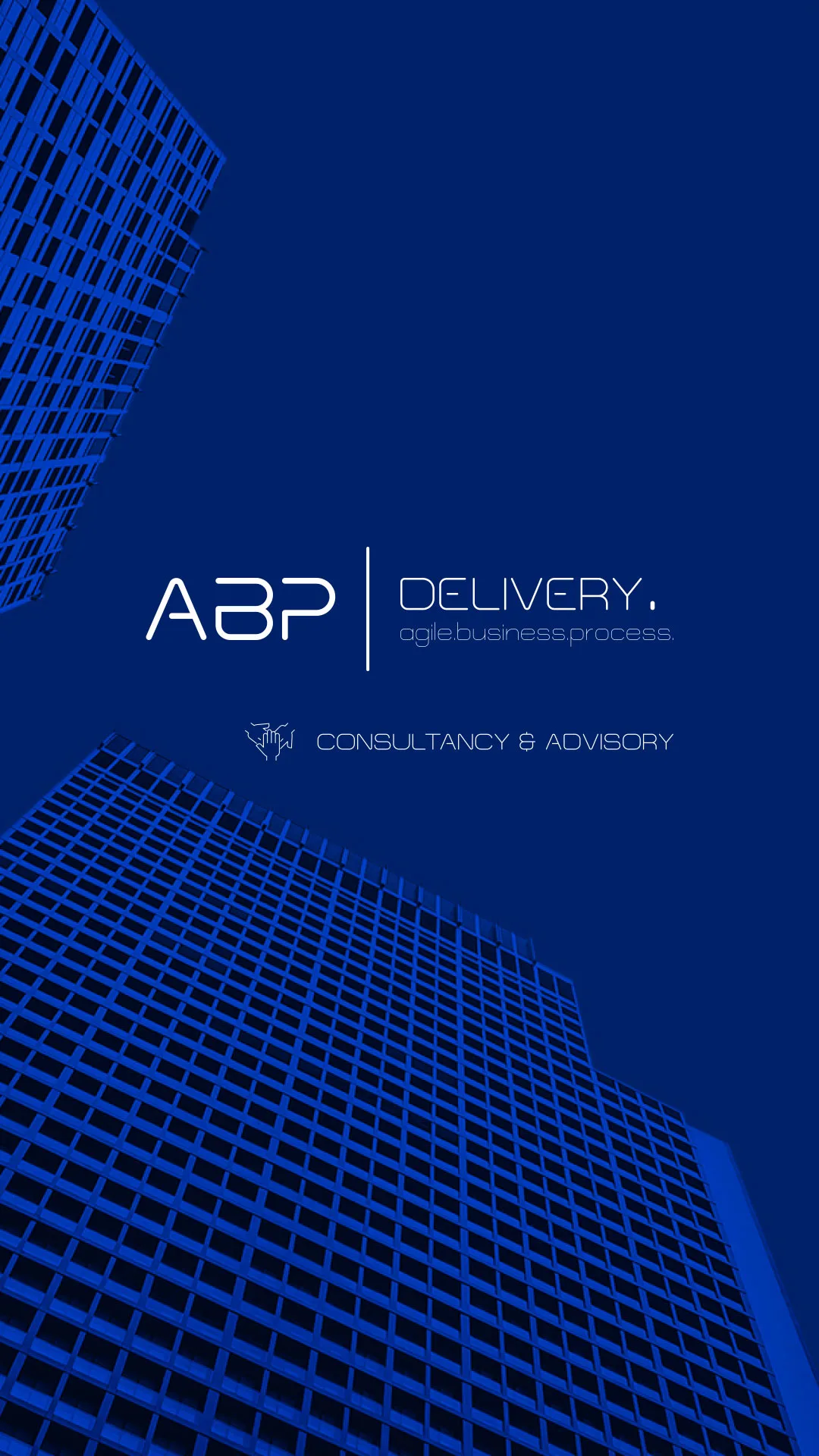 ABP — blue vertical banner for ABP Delivery with a skyscraper facade