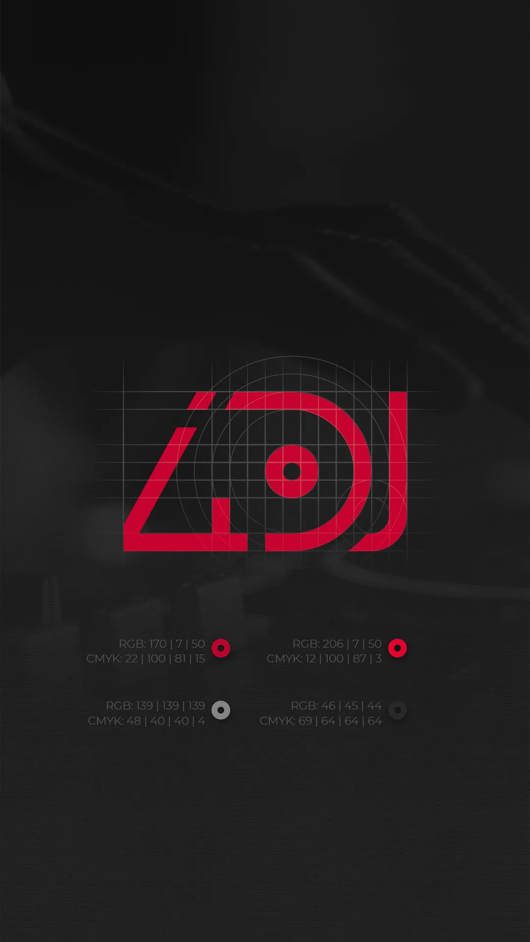 i4DJ — logo construction grid with red, white and grey colour swatches on dark background