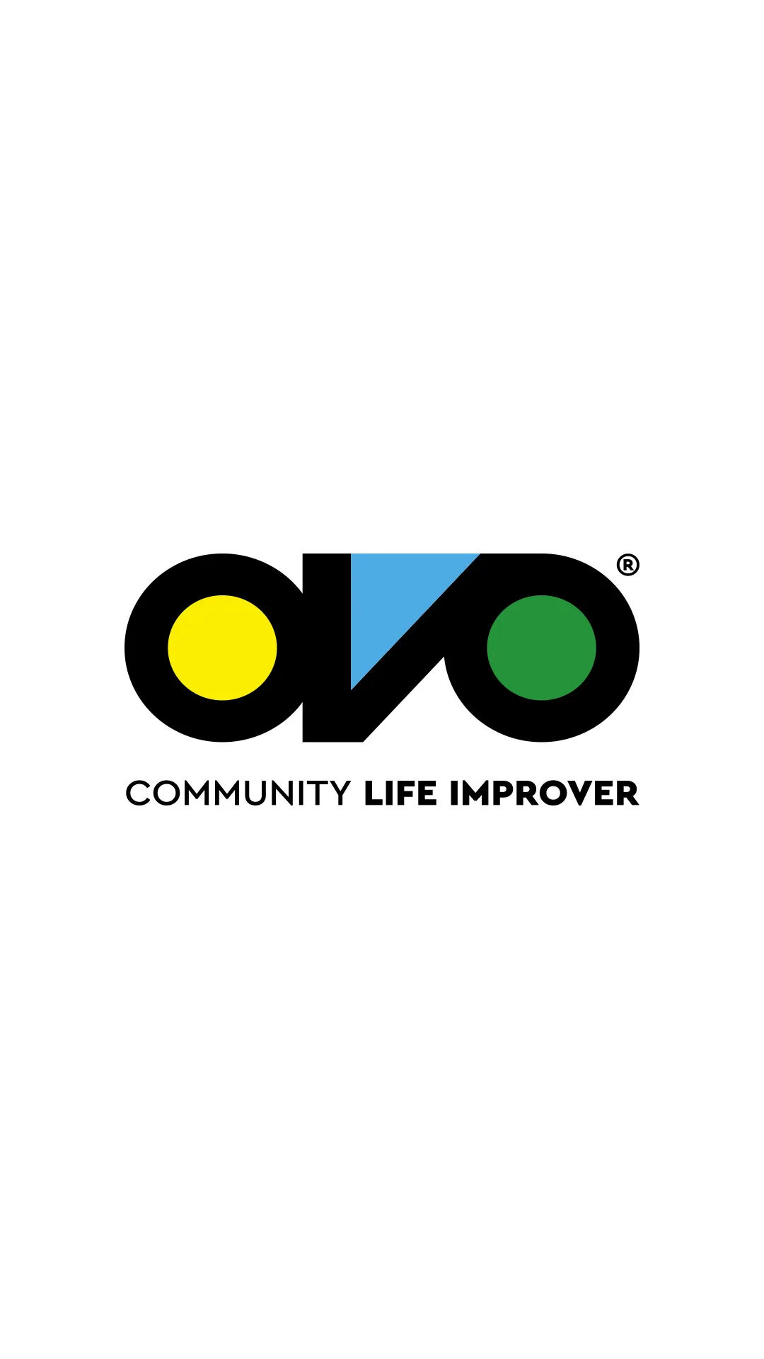 Ovo Solutions — Ovo logo in black, yellow, blue and green with Community Life Improver tagline