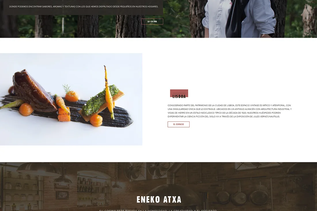 Basque website — Lisboa section with a plated dish beside text, Eneko Atxa banner below