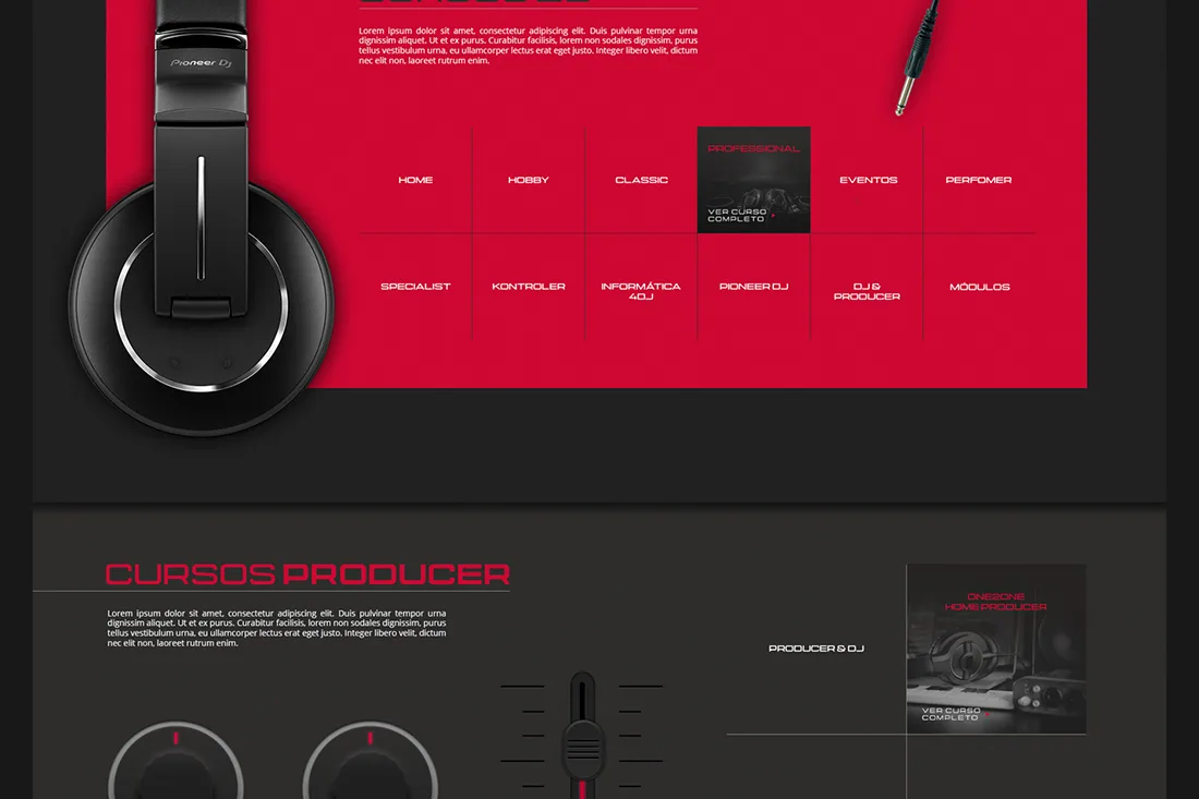 ci4DJ & store4DJ — red course menu grid beside headphones, above Cursos Producer section