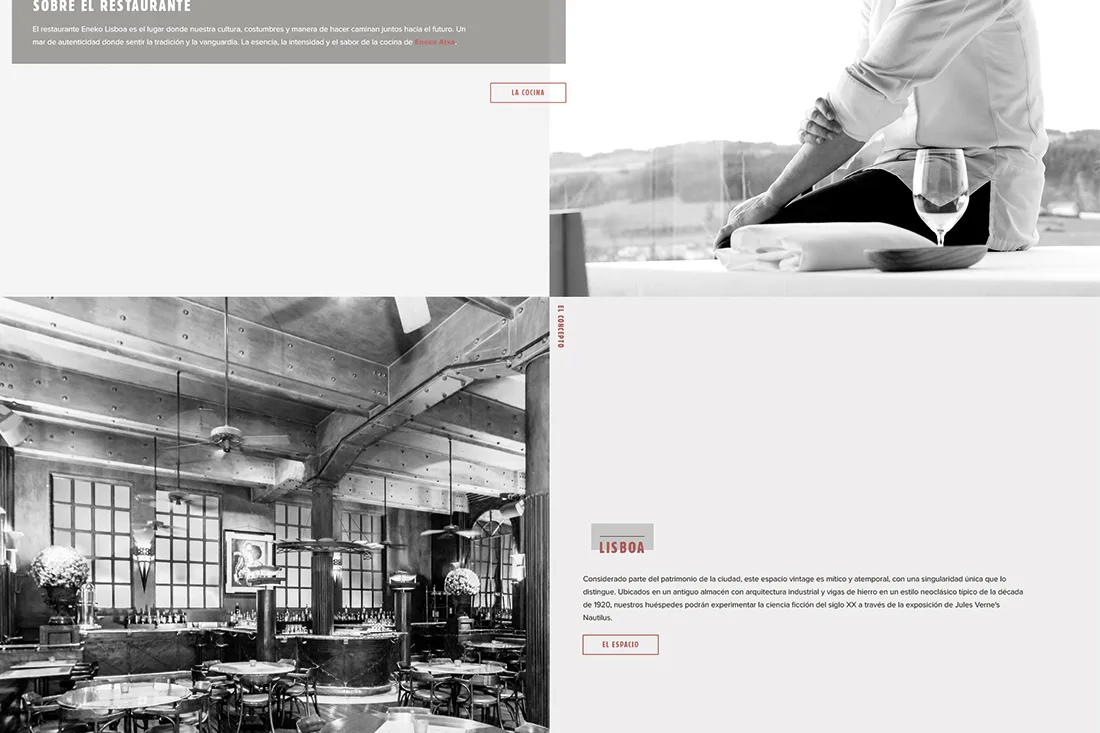 Eneko website — about the restaurant section with black-and-white chef and dining room photos