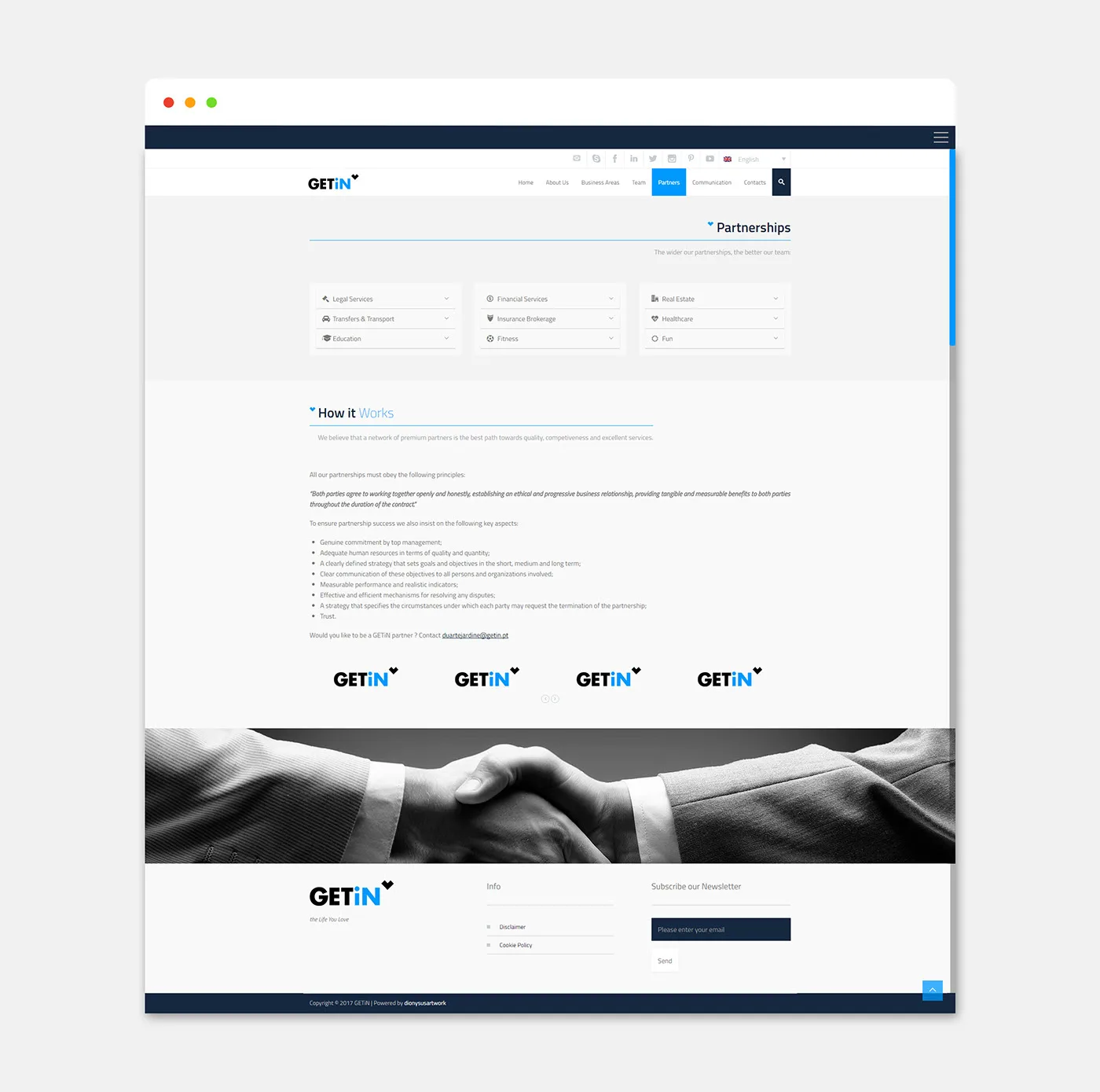 GETiN website — Partnerships page with service list and handshake photo