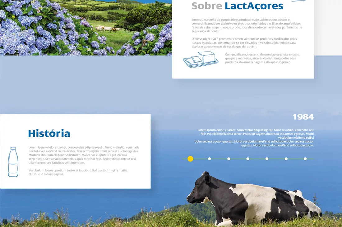 Lactaçores website — about and history section with 1984 timeline over a cow by the sea