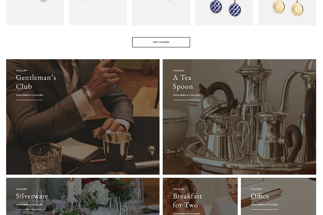 Leitão & Irmão — website collection grid with Gentleman's Club, A Tea Spoon, Silverware, Breakfast for Two and Office tiles